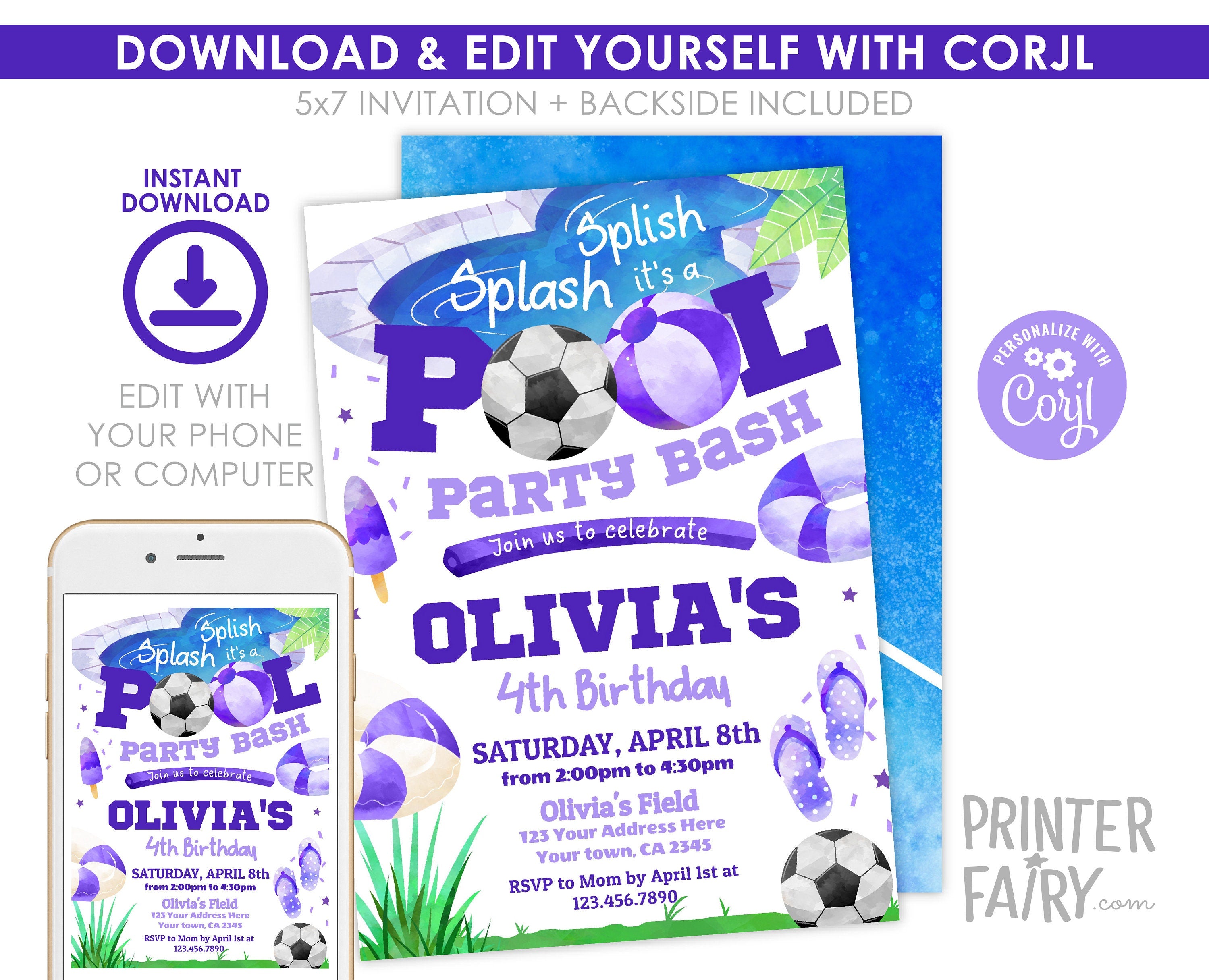Soccer Pool Birthday Invitation, Editable Summer Party (Digital Download)