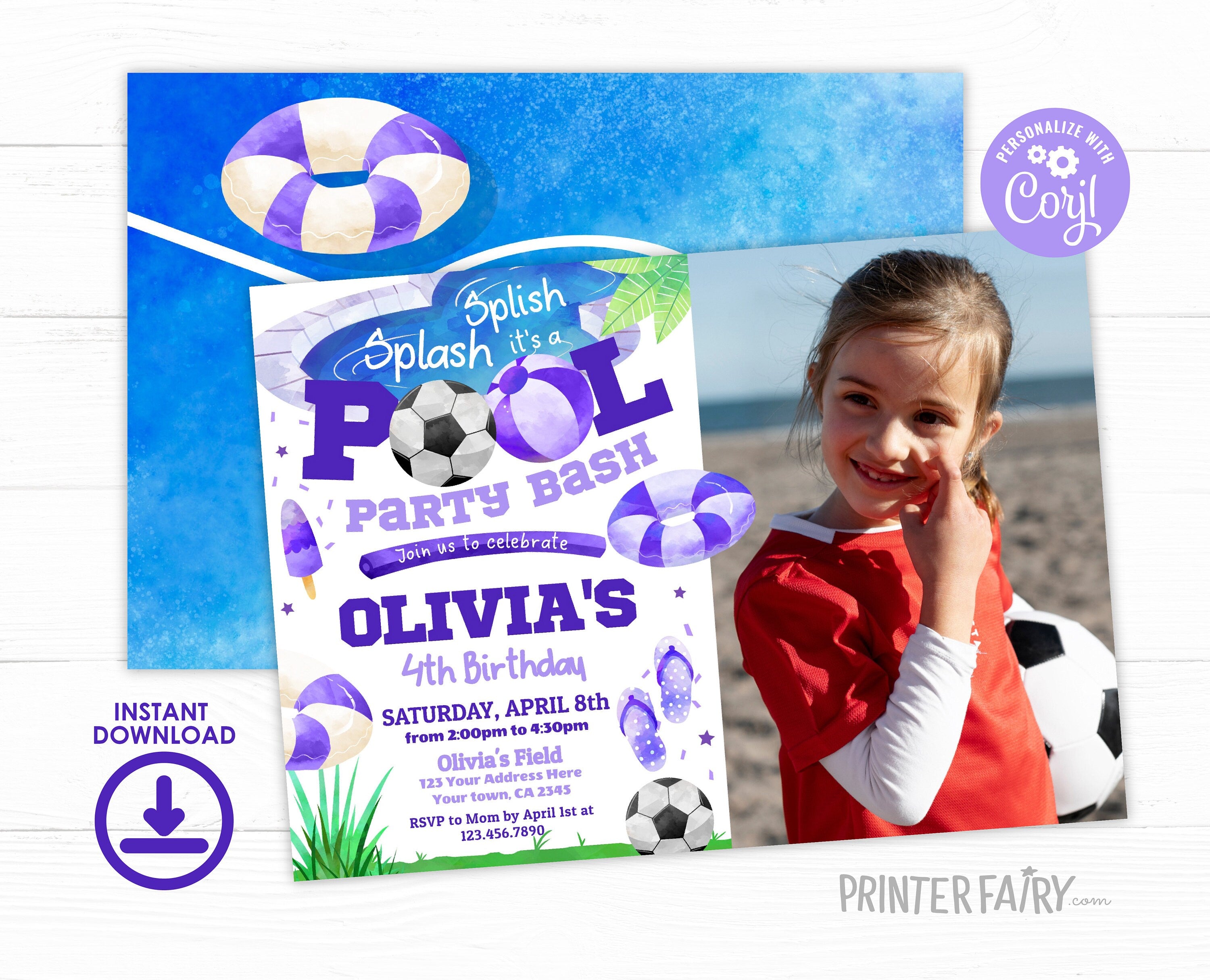 Soccer Pool Birthday Photo Invitation, Editable Girl's Summer Party (Digital Item)