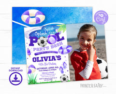 Soccer Pool Birthday Photo Invitation, Editable Girl's Summer Party (Digital Item)