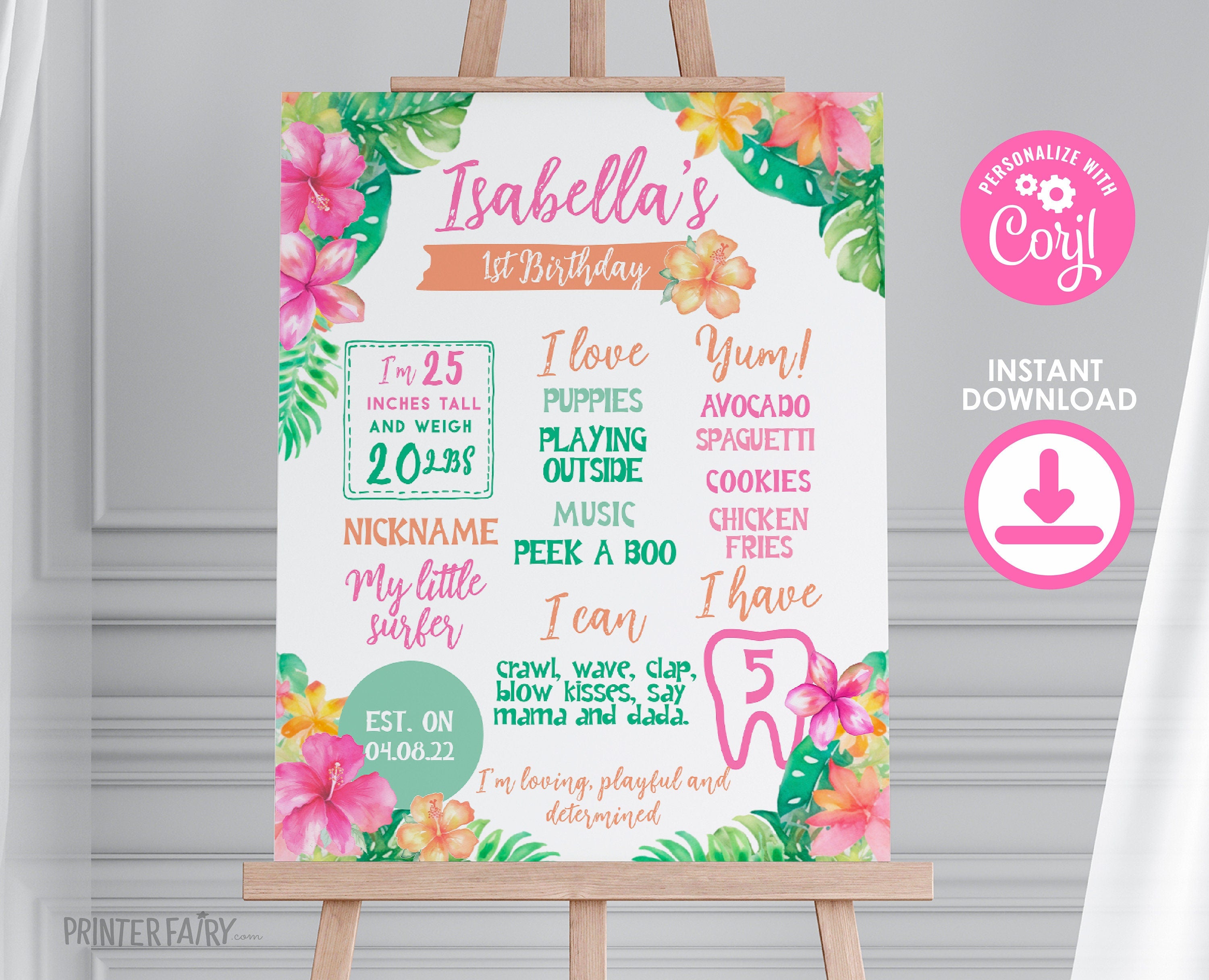 Luau First Birthday Stats Board, Tropical Party Decor (Editable Template)