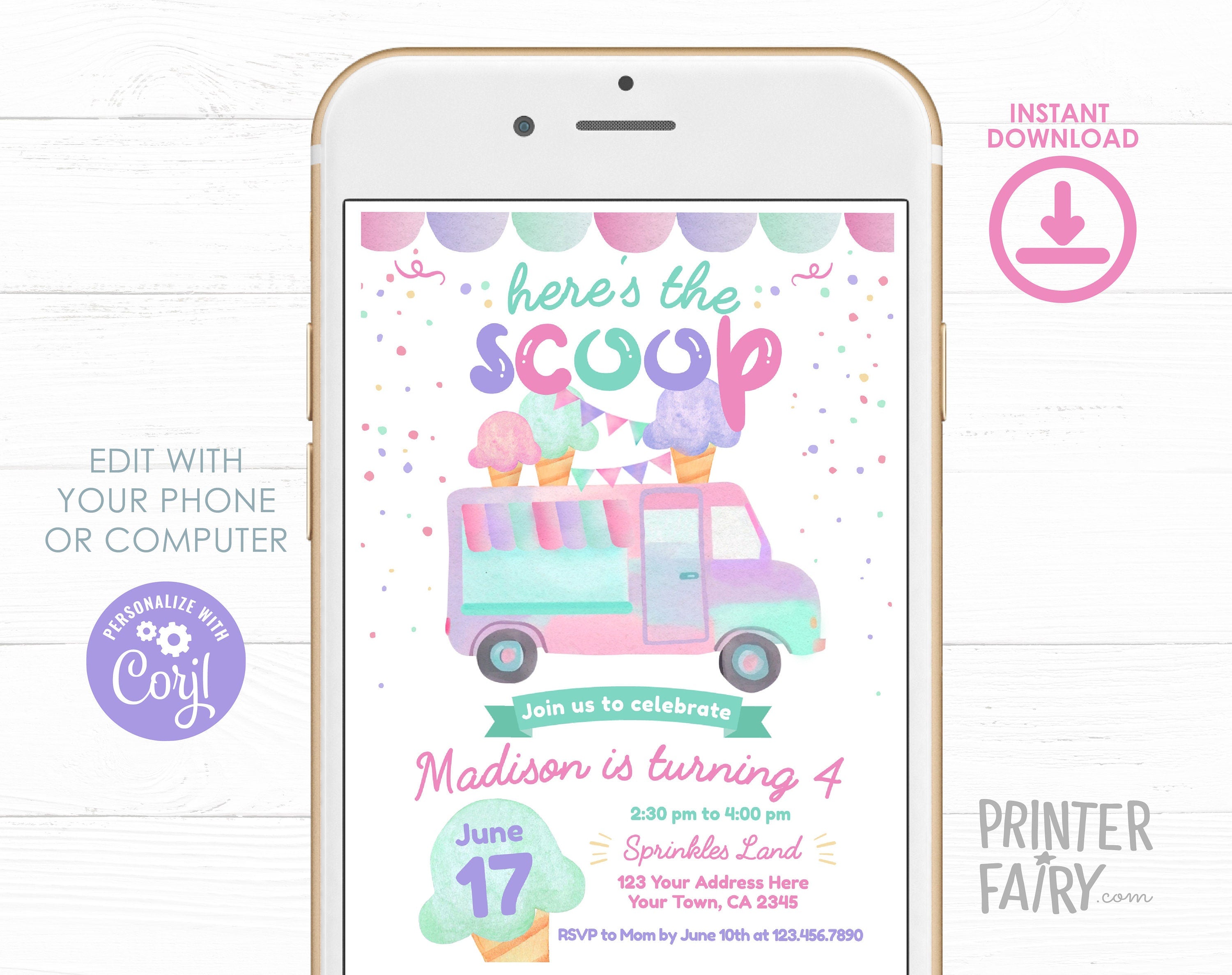 Ice Cream Truck Birthday Invitation, Editable Template (Digital Download)