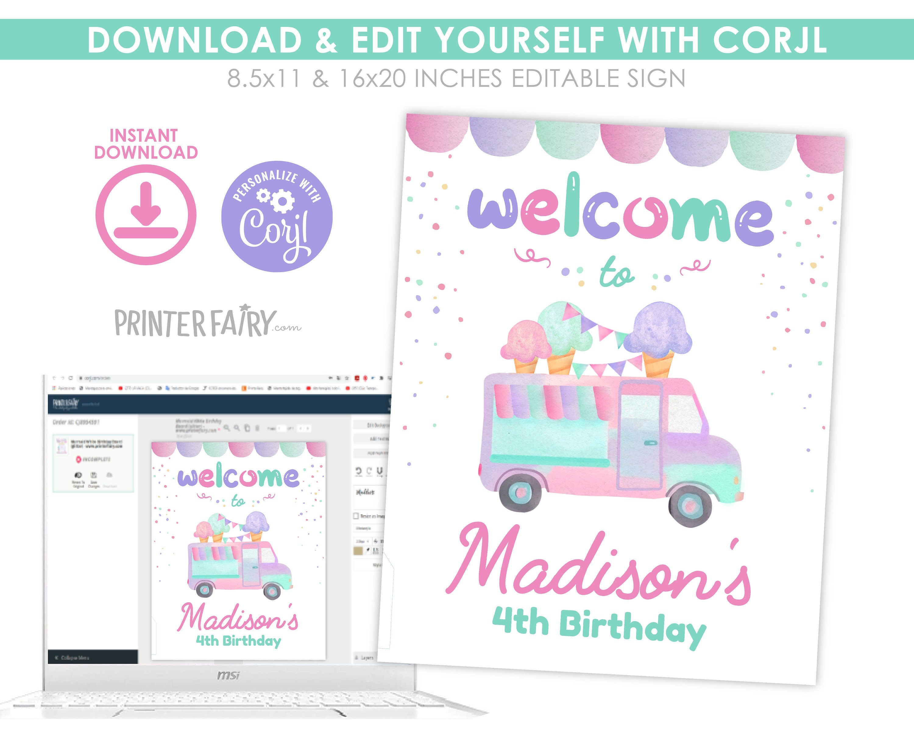 Ice Cream Truck Birthday Welcome Sign, Editable Party Decor (Digital Download)