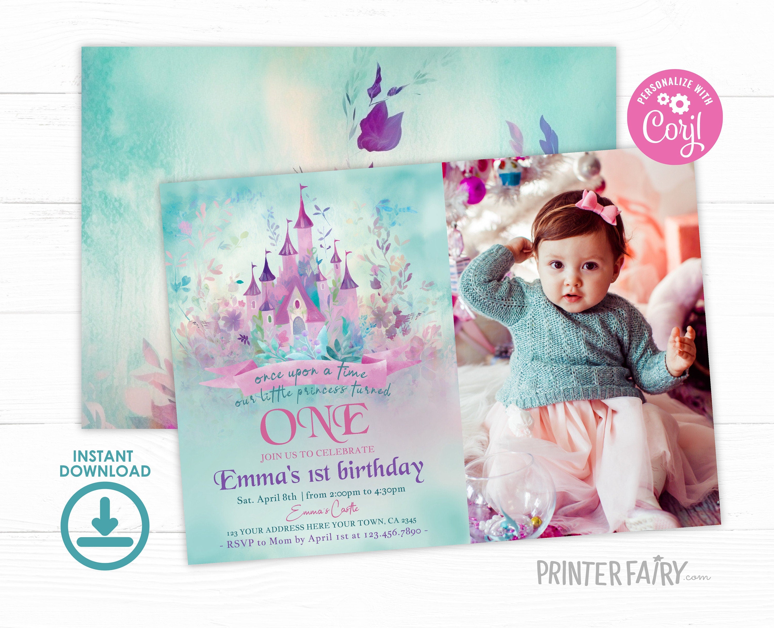 Princess Castle First Birthday Invitation with Photo (Download)