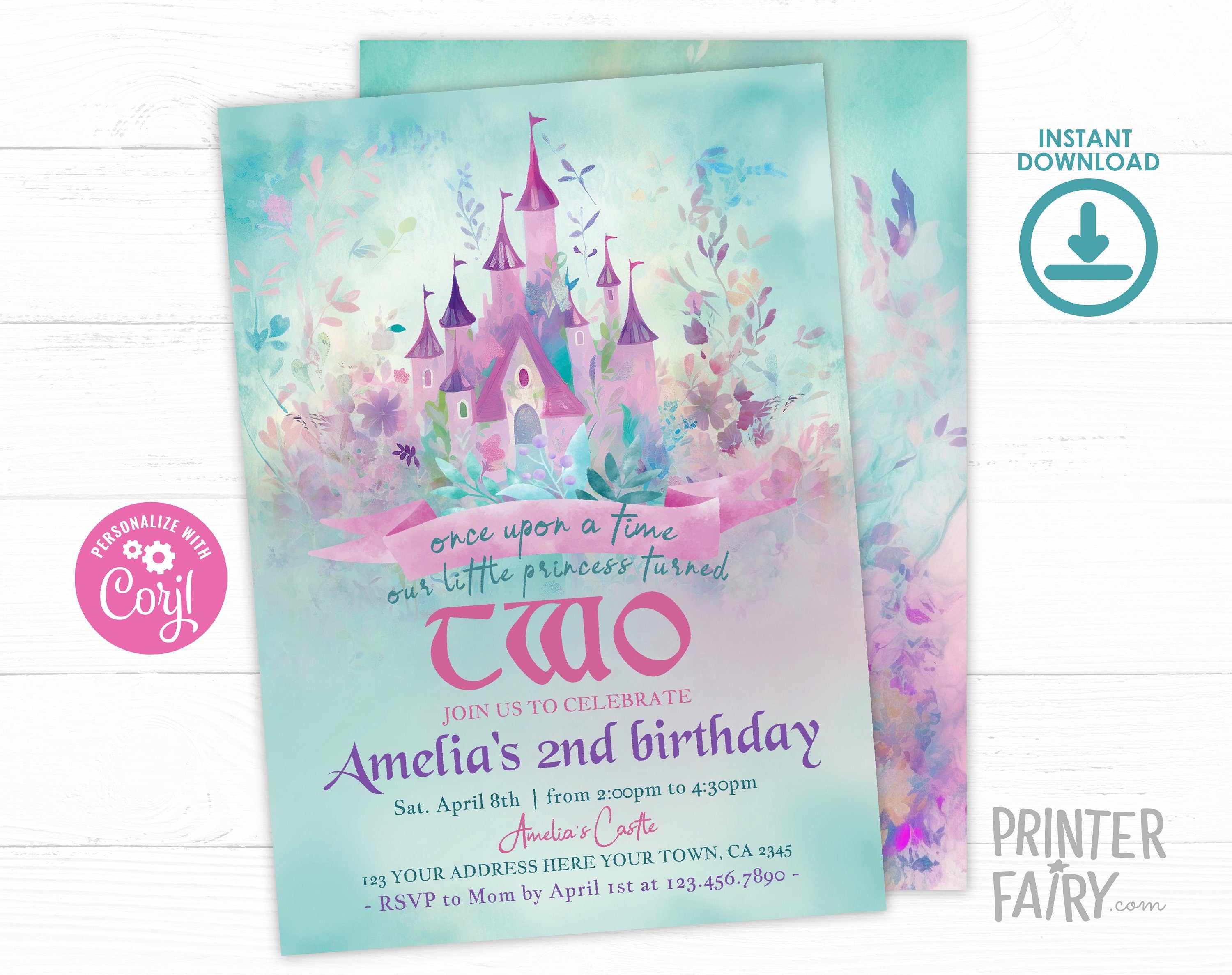 Princess Castle Second Birthday Invitation, Editable (Digital Download)