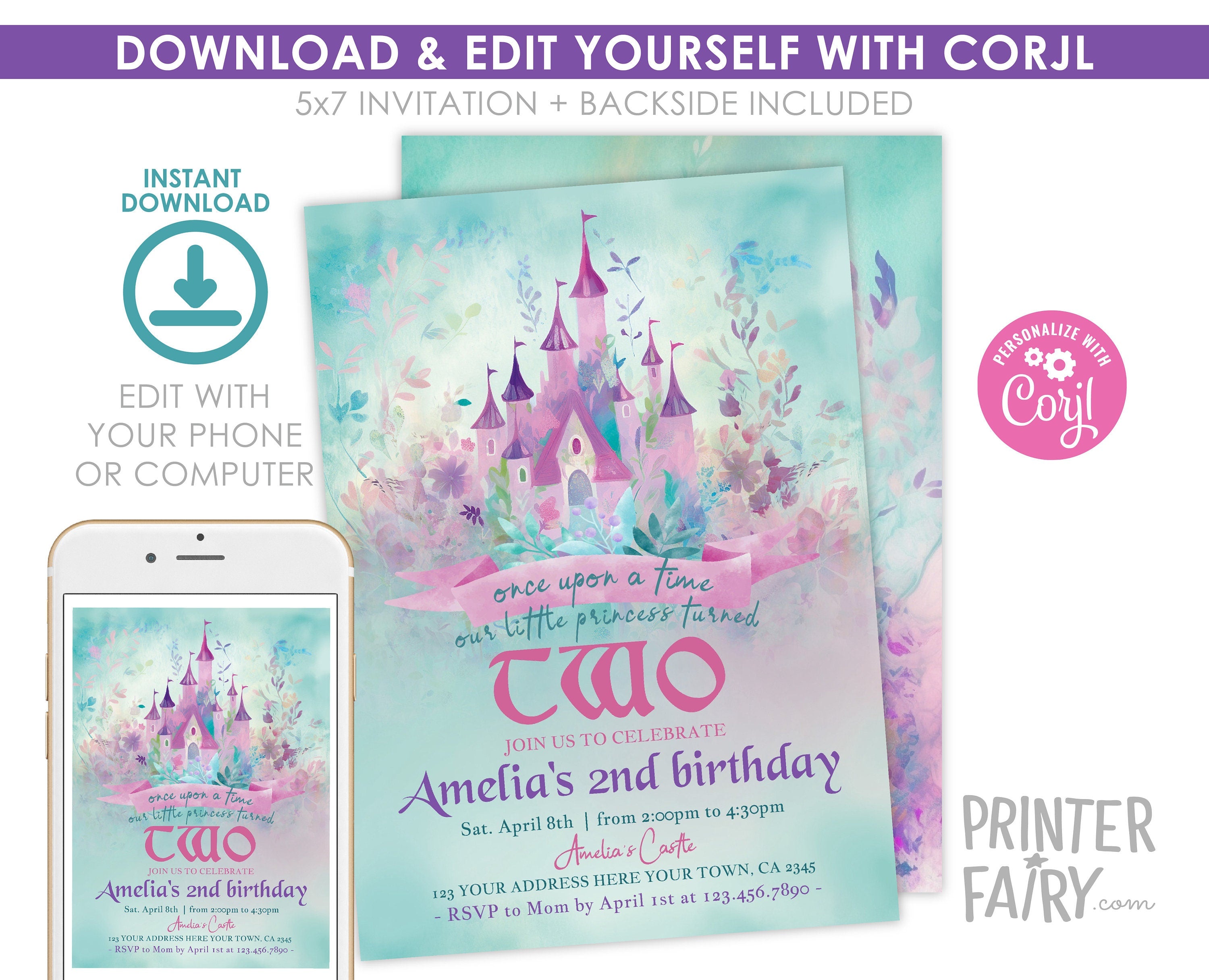 Princess Castle Second Birthday Invitation, Editable (Digital Download)