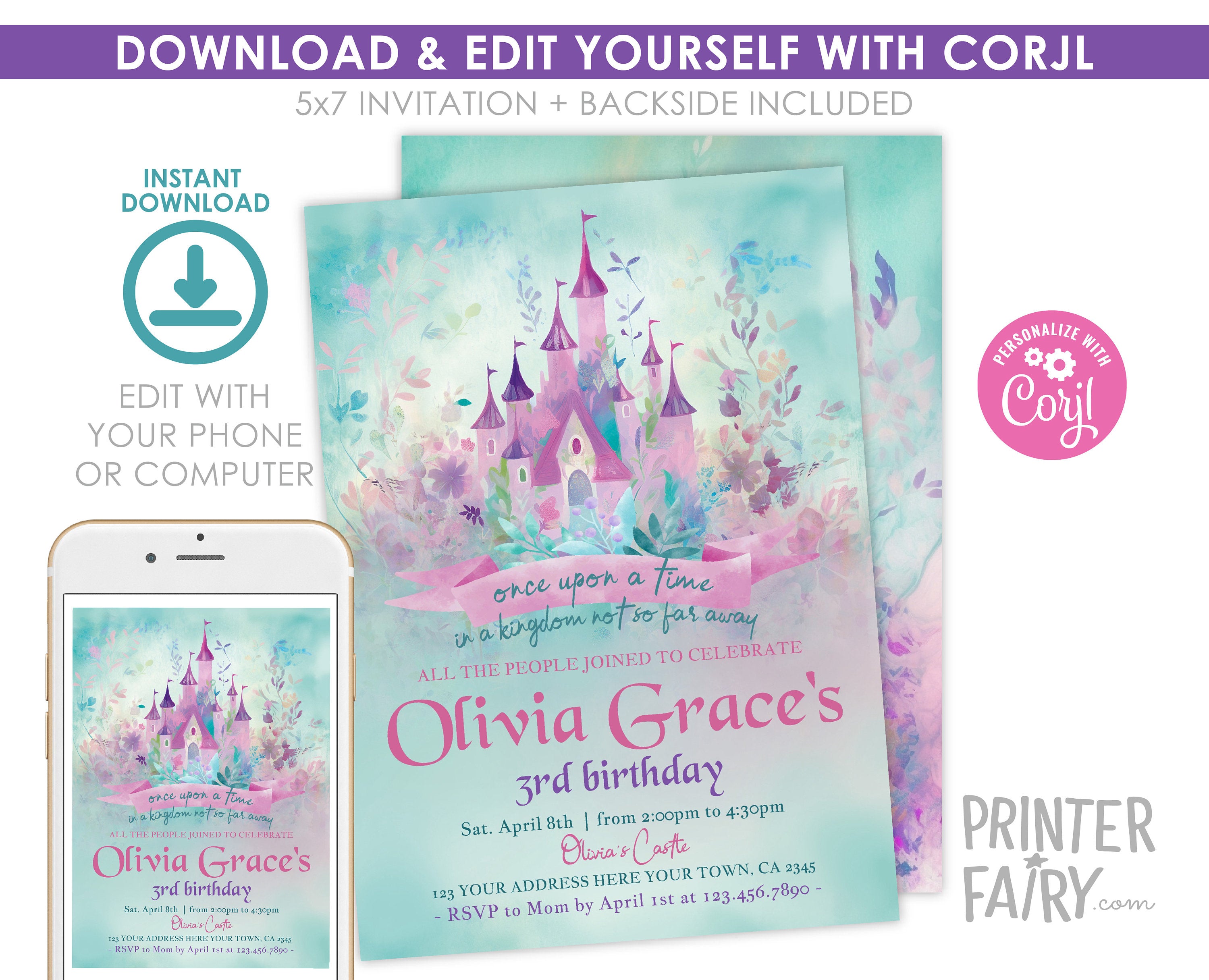 Princess Castle Birthday Invitation, Editable Girl Invite (Instant Download)