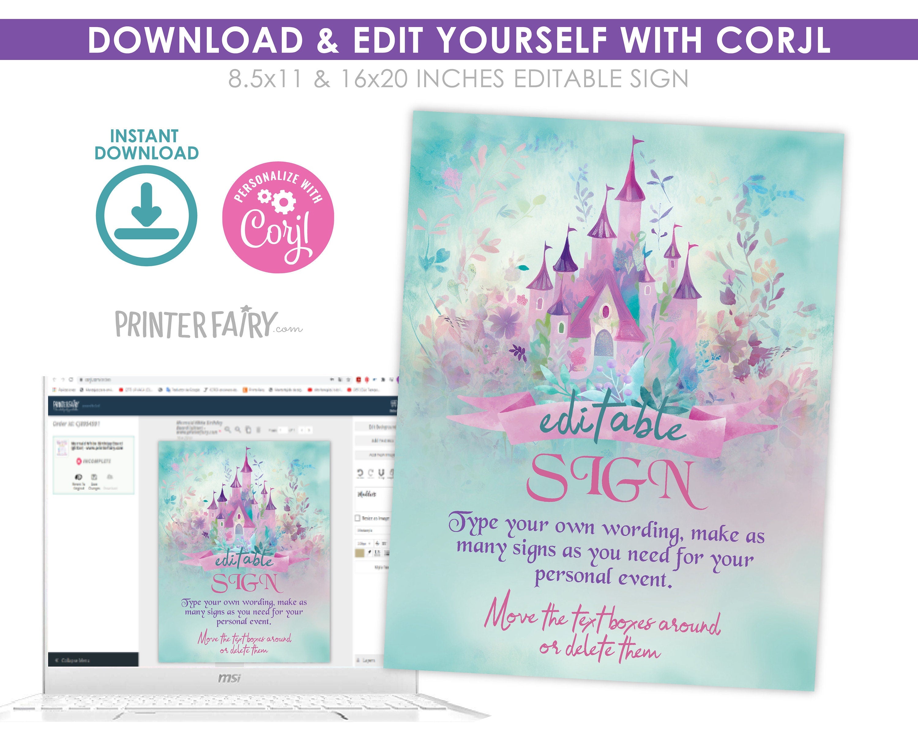 Princess Castle Birthday Party Sign, Editable Template (Digital Download)