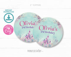 Princess Birthday Party Toppers, Castle Round Labels (Editable Digital Item)