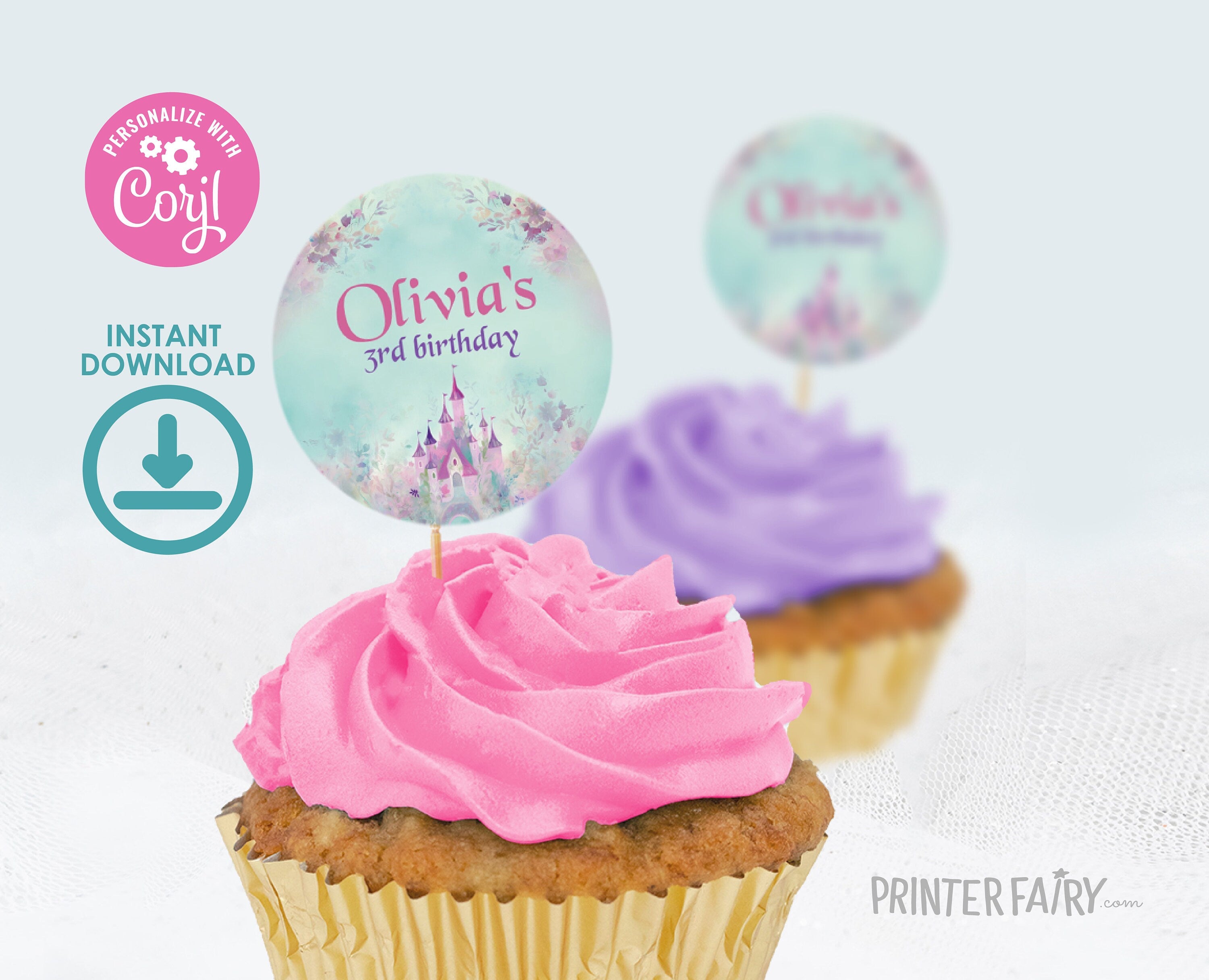 Princess Birthday Party Toppers, Castle Round Labels (Editable Digital Item)