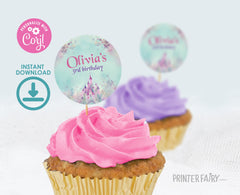 Princess Birthday Party Toppers, Castle Round Labels (Editable Digital Item)