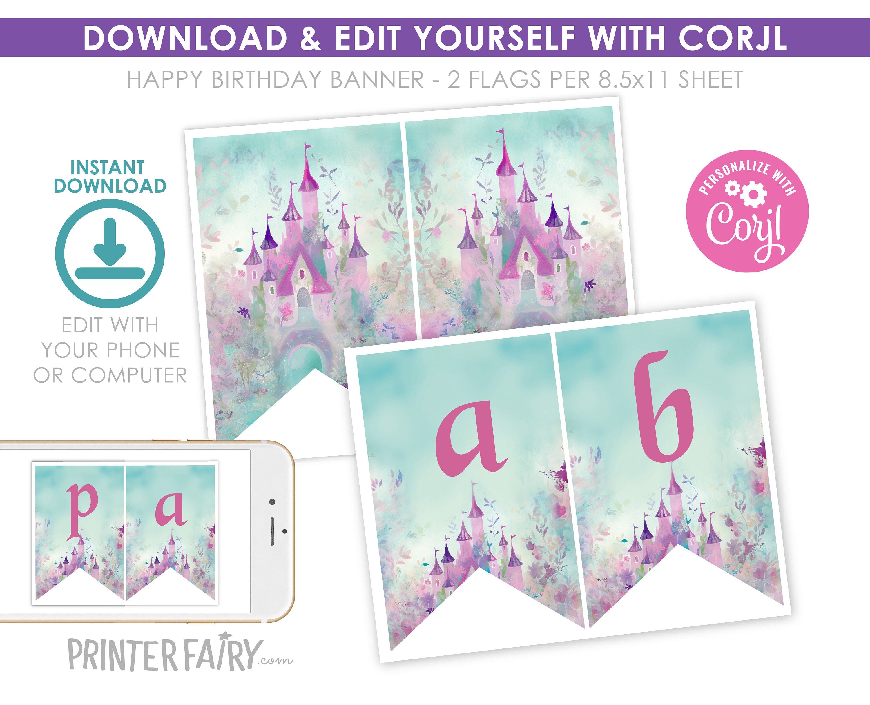 Princess Castle Birthday Banner, Editable Party Decoration (Digital Item)