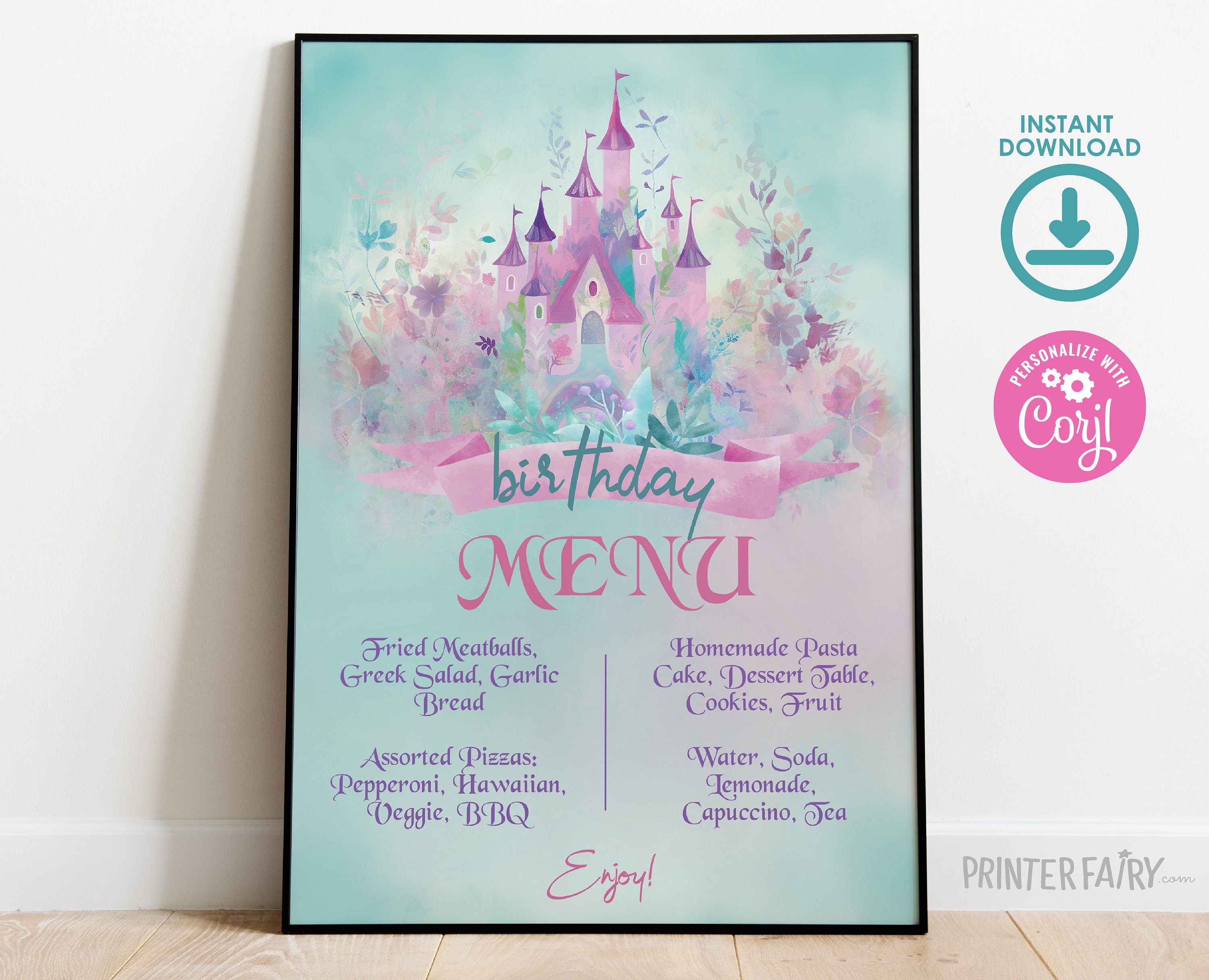 Princess Castle Birthday Party Menu, Editable Printable (Digital Download)