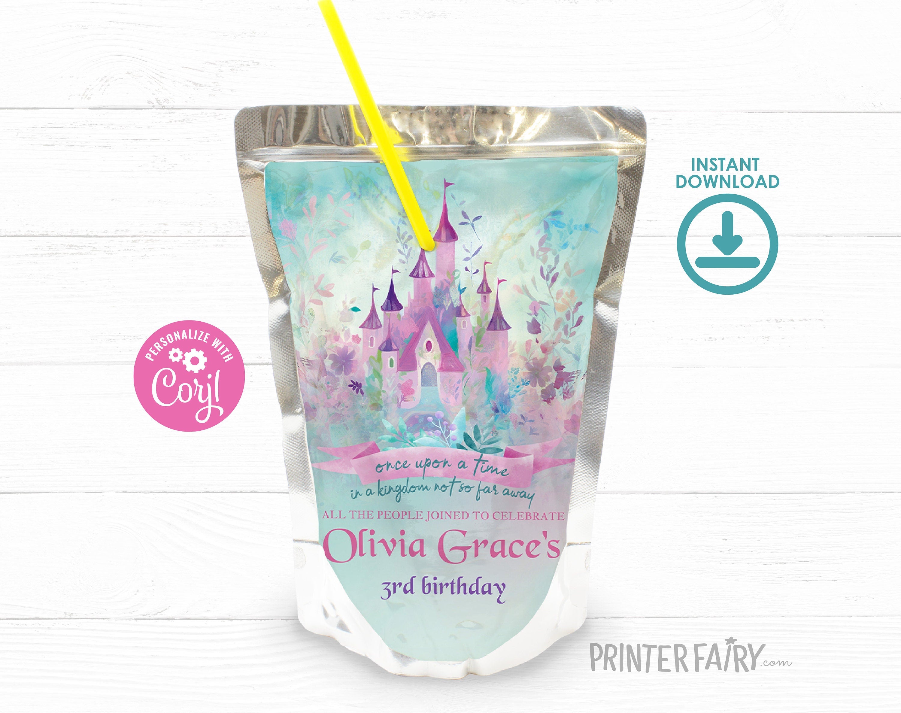 Princess Castle Birthday Drink Pouch Label, Editable Party Decoration (Instant Download)