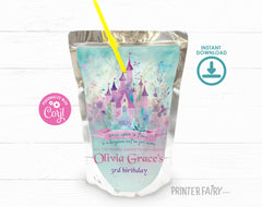 Princess Castle Birthday Drink Pouch Label, Editable Party Decoration (Instant Download)