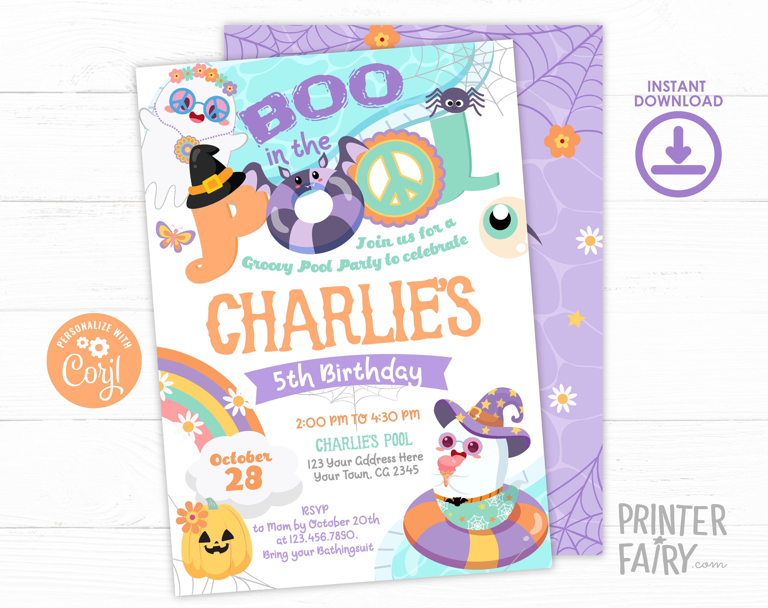 Summerween Pool Party Invitation, Halloween Birthday, Editable (Digital Download)