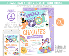 Summerween Pool Party Invitation, Halloween Birthday, Editable (Digital Download)