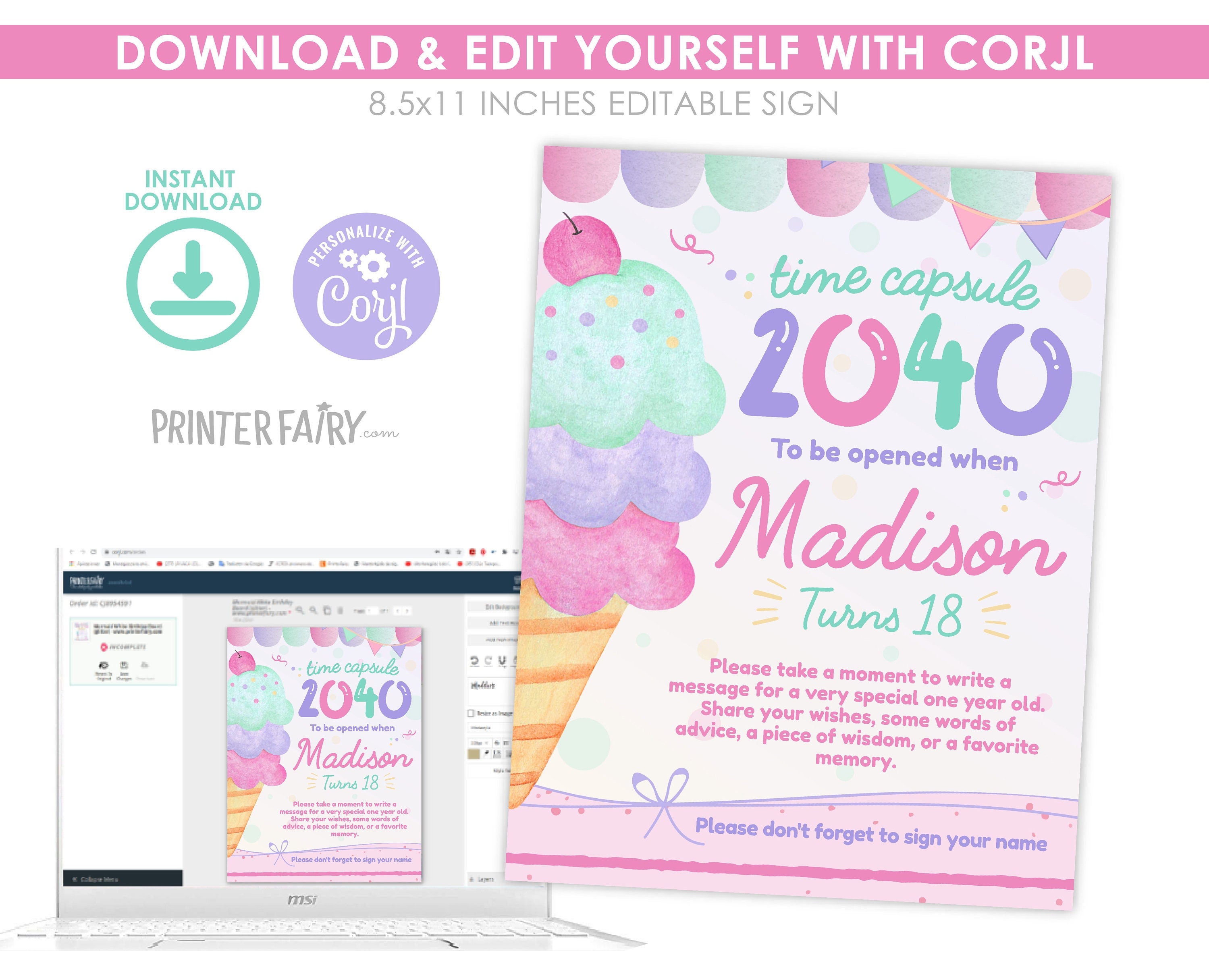 Ice Cream Birthday Time Capsule, EDITABLE (Digital Download)
