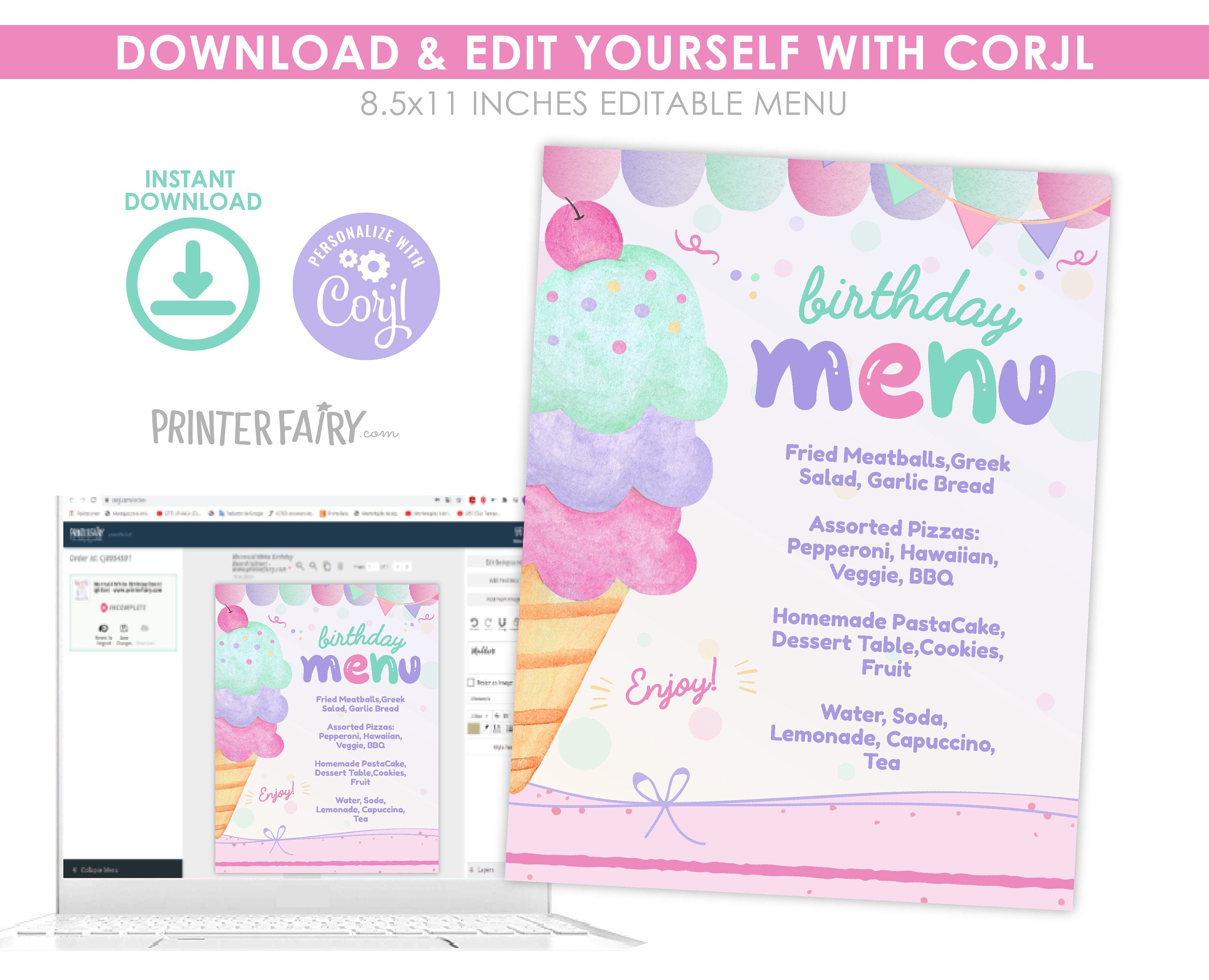 Ice Cream Birthday Menu Table Sign, Editable (Digital Download)