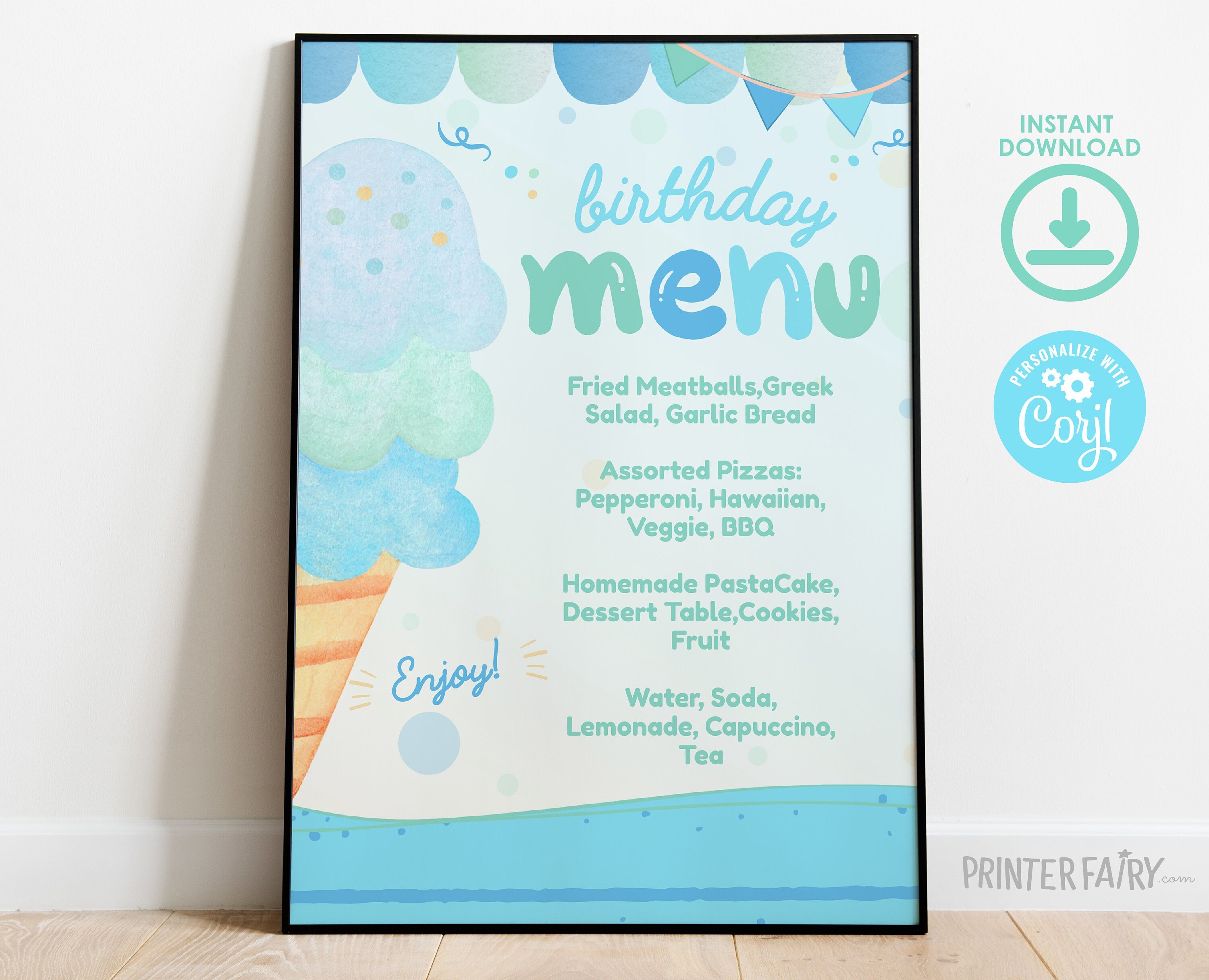 Editable Ice Cream Birthday Menu Template, Pool Party Sign (Digital Download)