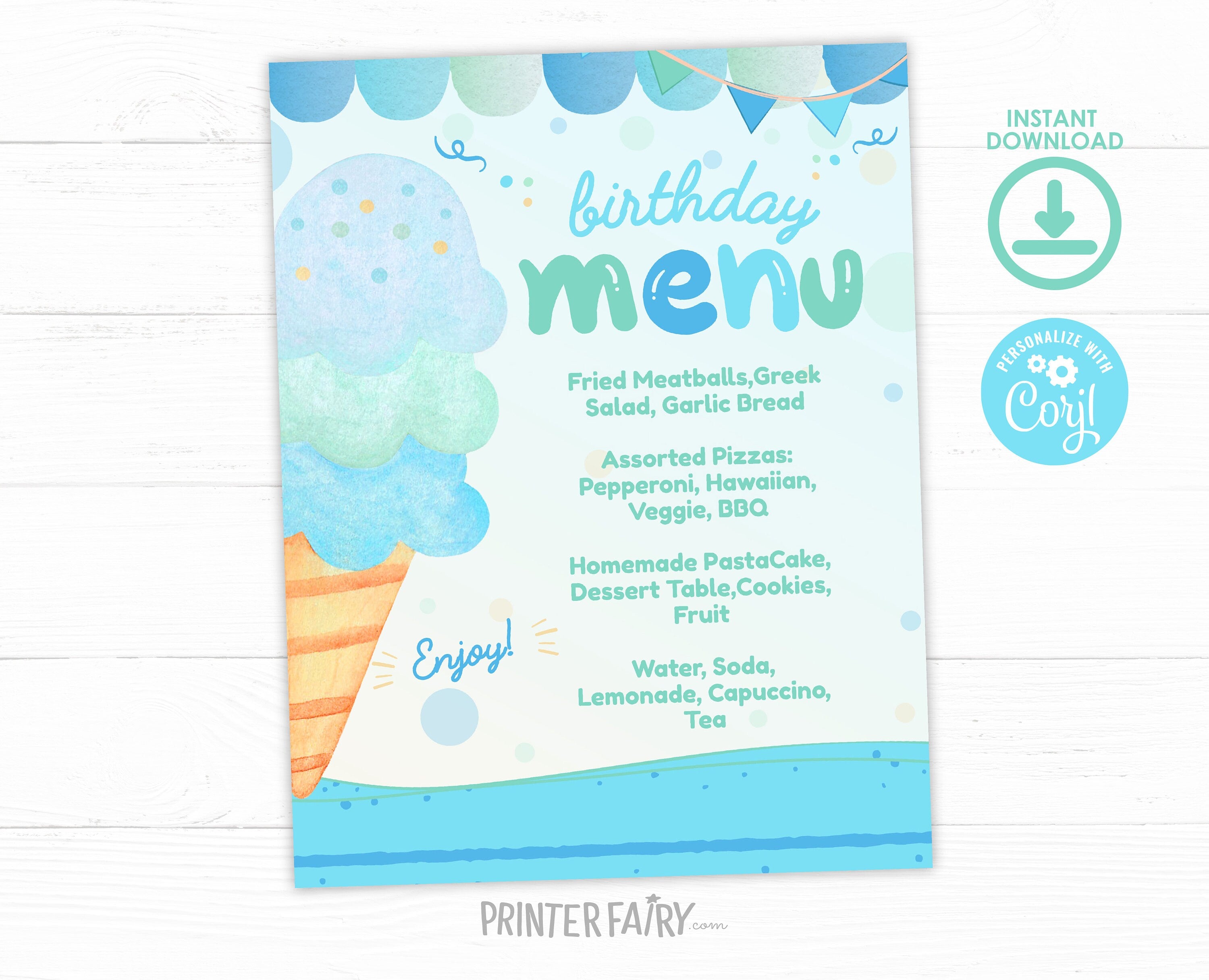 Editable Ice Cream Birthday Menu Template, Pool Party Sign (Digital Download)