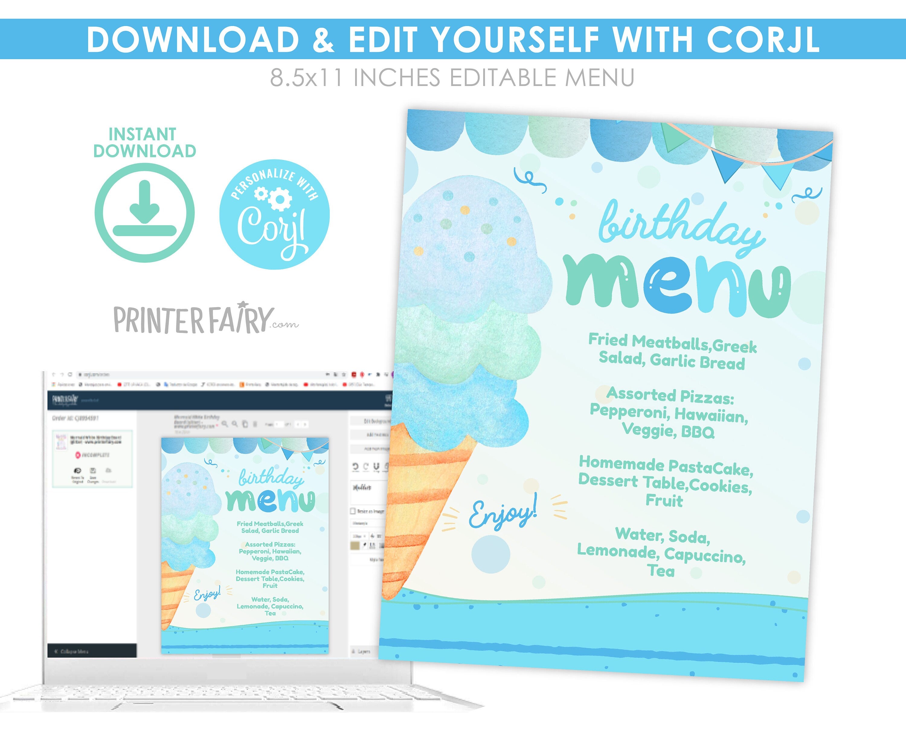 Editable Ice Cream Birthday Menu Template, Pool Party Sign (Digital Download)