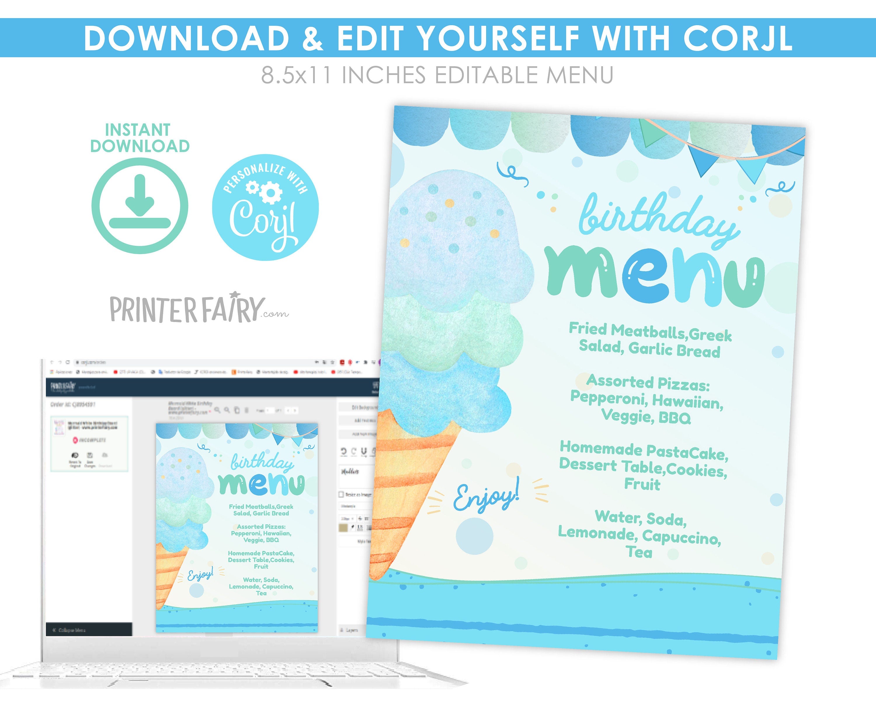 Editable Ice Cream Birthday Menu Template, Pool Party Sign (Digital Download)