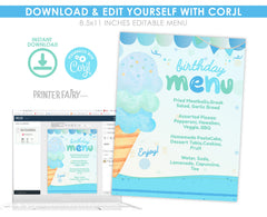 Editable Ice Cream Birthday Menu Template, Pool Party Sign (Digital Download)