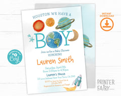 Outer Space Baby Shower Invitation, Planets, Rocket Ship (Editable)