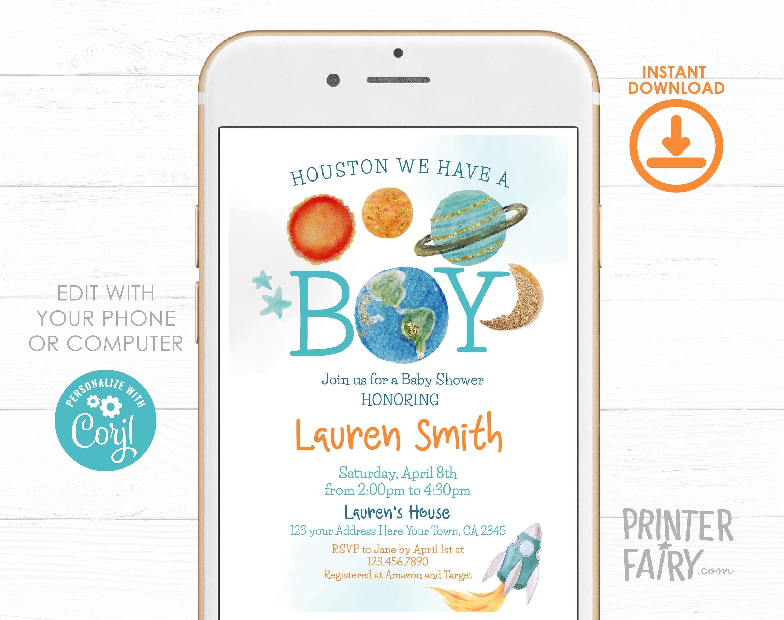 Outer Space Baby Shower Invitation, Planets, Rocket Ship (Editable)