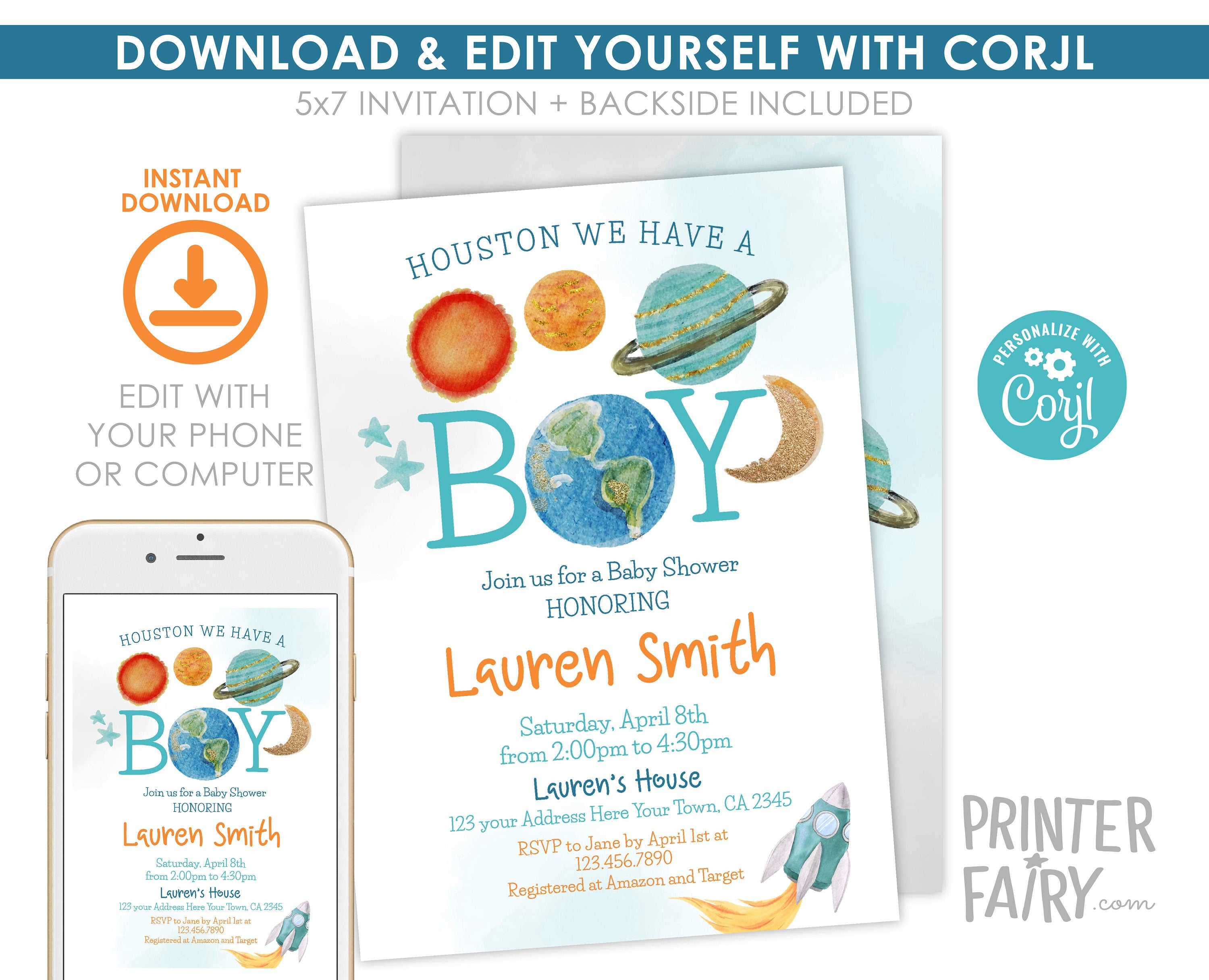 Outer Space Baby Shower Invitation, Planets, Rocket Ship (Editable)