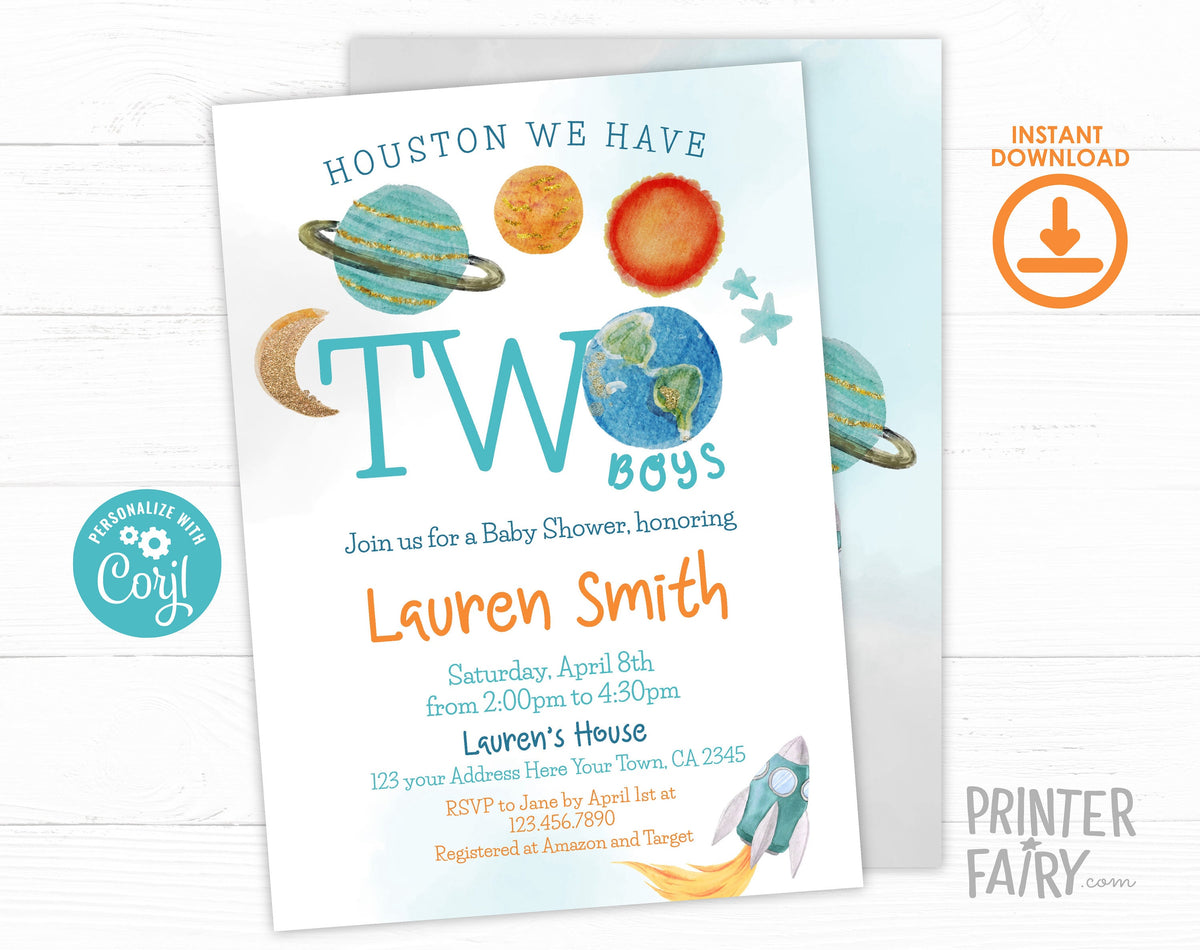 Space Twins Baby Shower Invitation, Rocket Ship (Editable Digital Download)