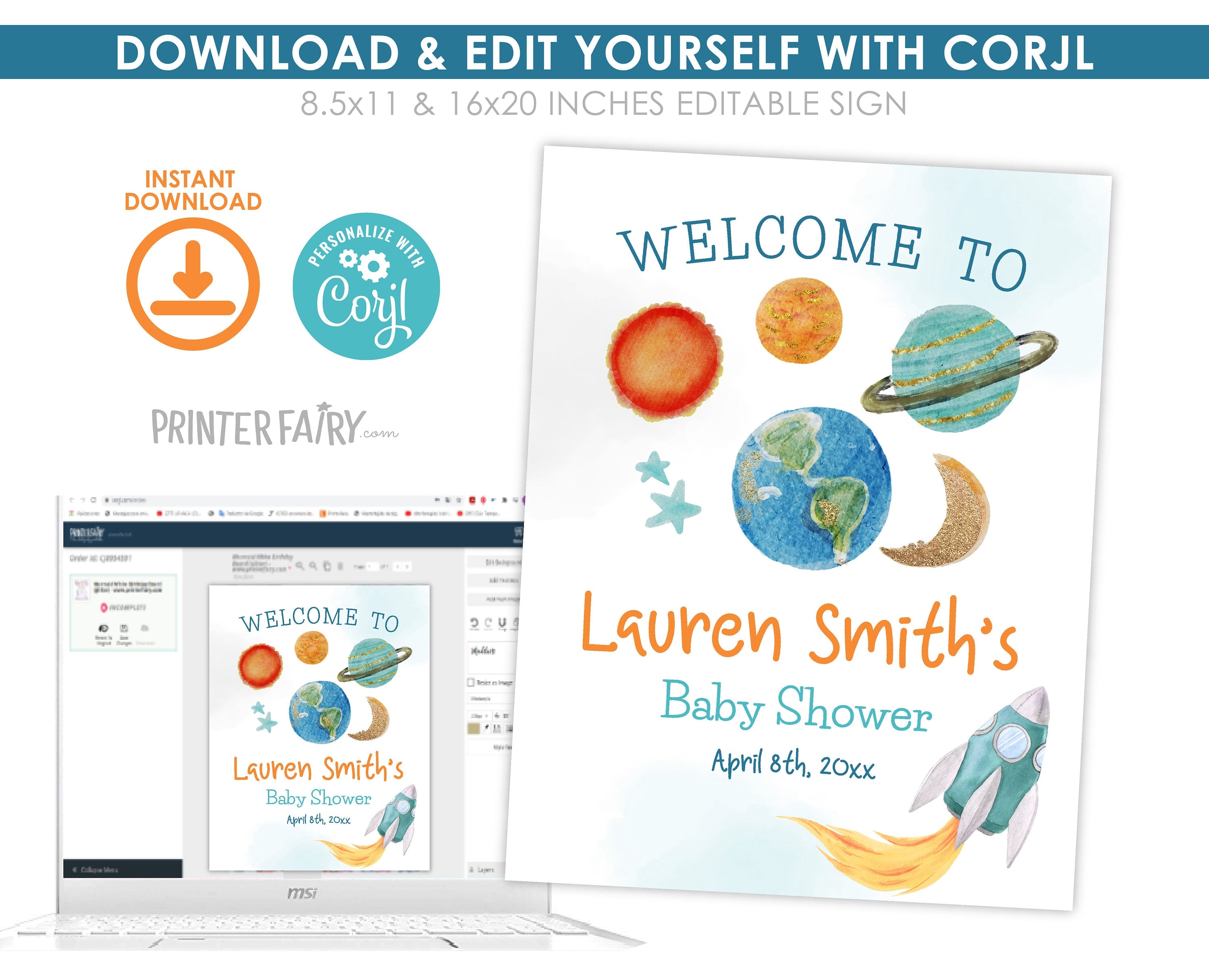 Outer Space Birthday Welcome Sign, Galaxy Party Decor (Editable Template)