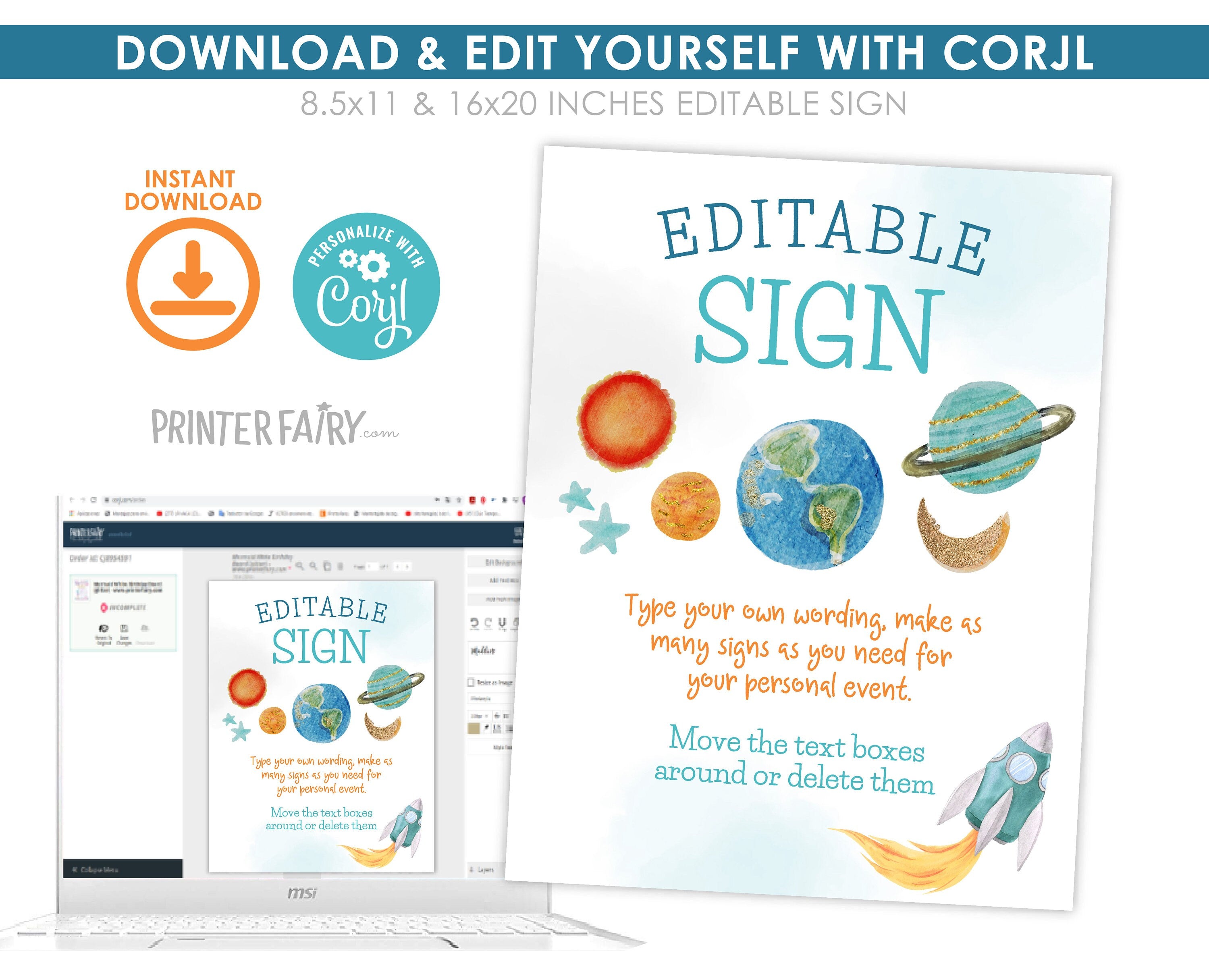 Editable Outer Space Birthday Sign, Rocket, Planets (Digital Download)