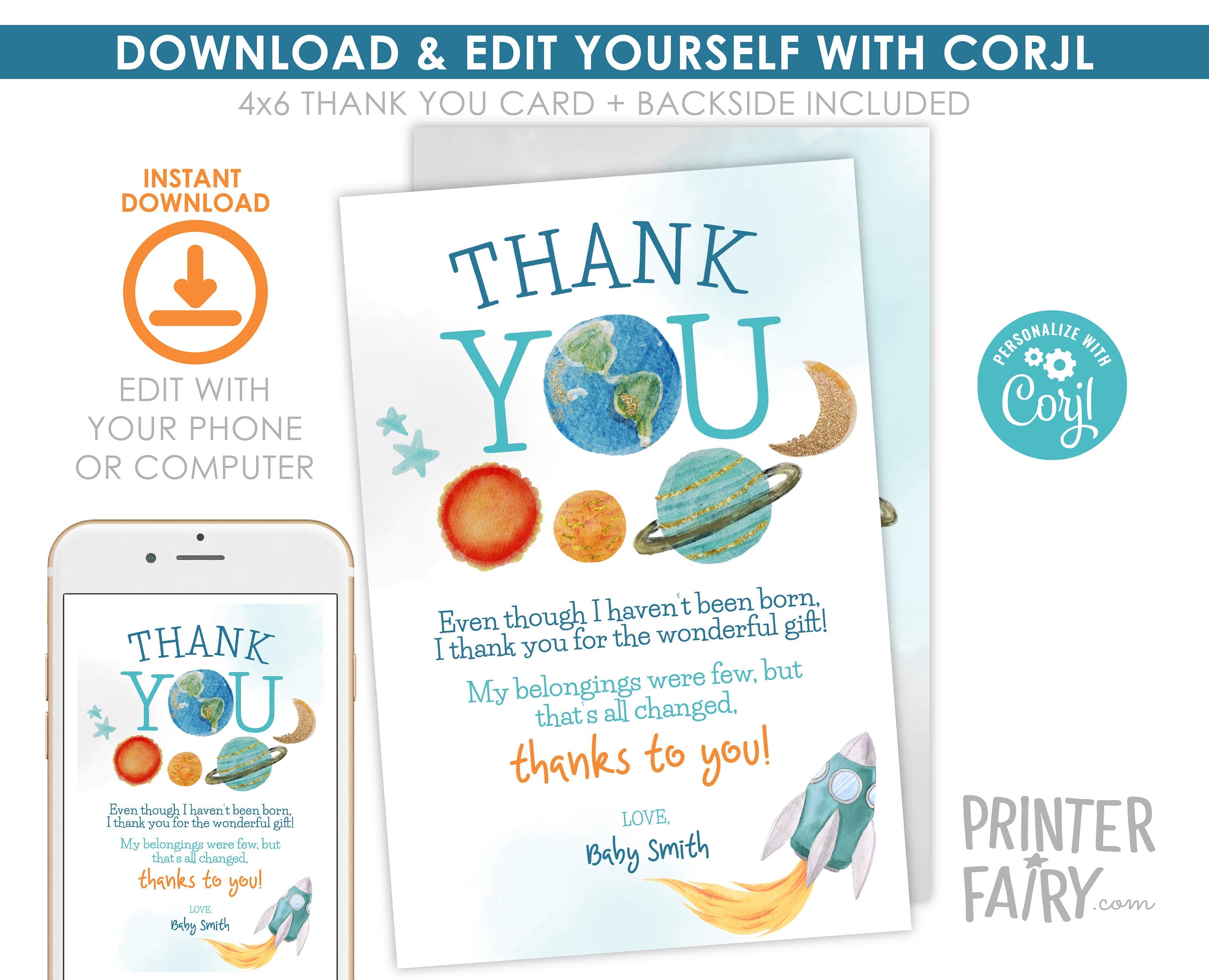 Outer Space Birthday Thank You Card, Planets, Rocket (Editable Template)
