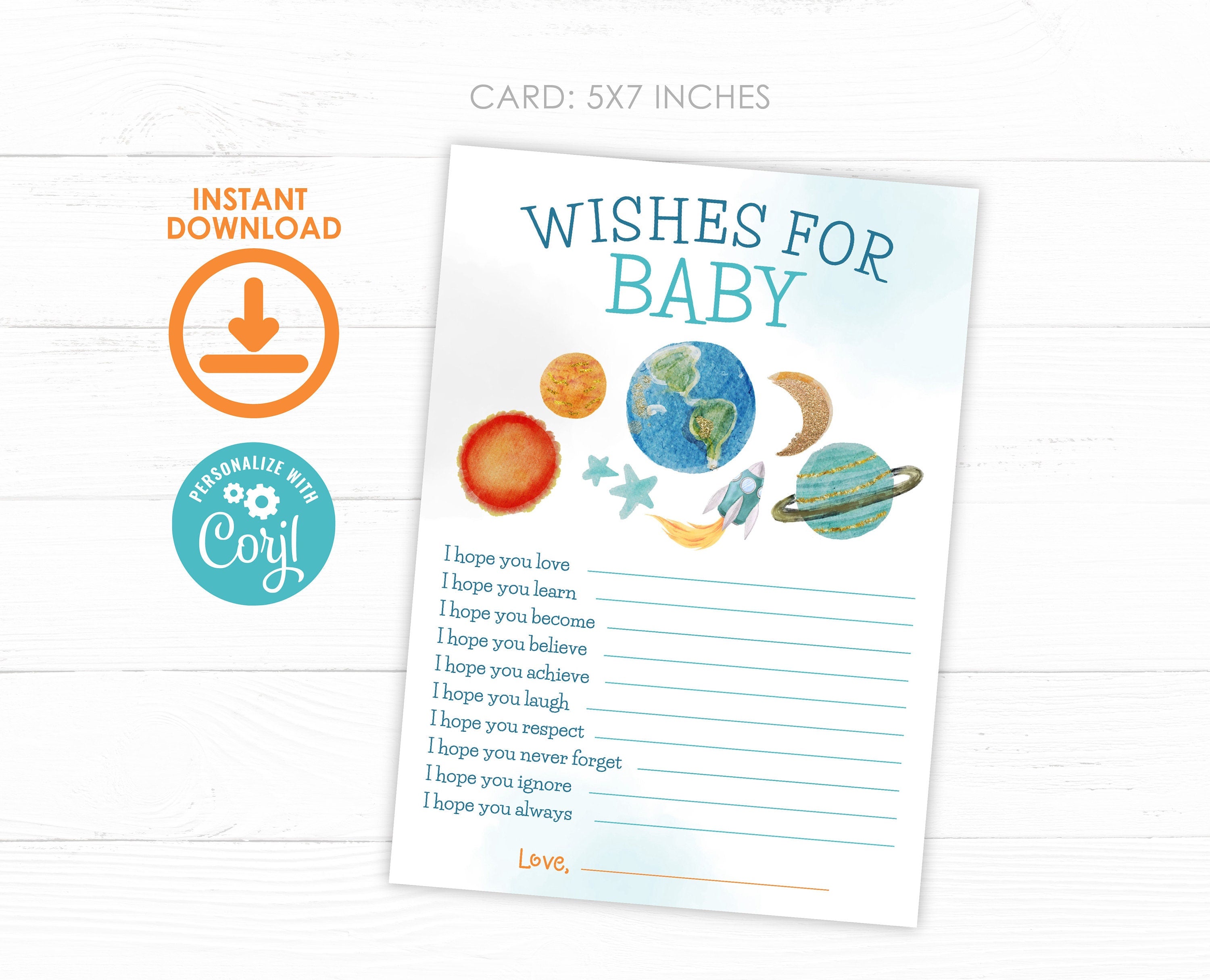 Editable Space Baby Shower Wishes Card (Digital Download)