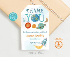 Outer Space Birthday Thank You Tags, Planets, Rocket (Editable Template)