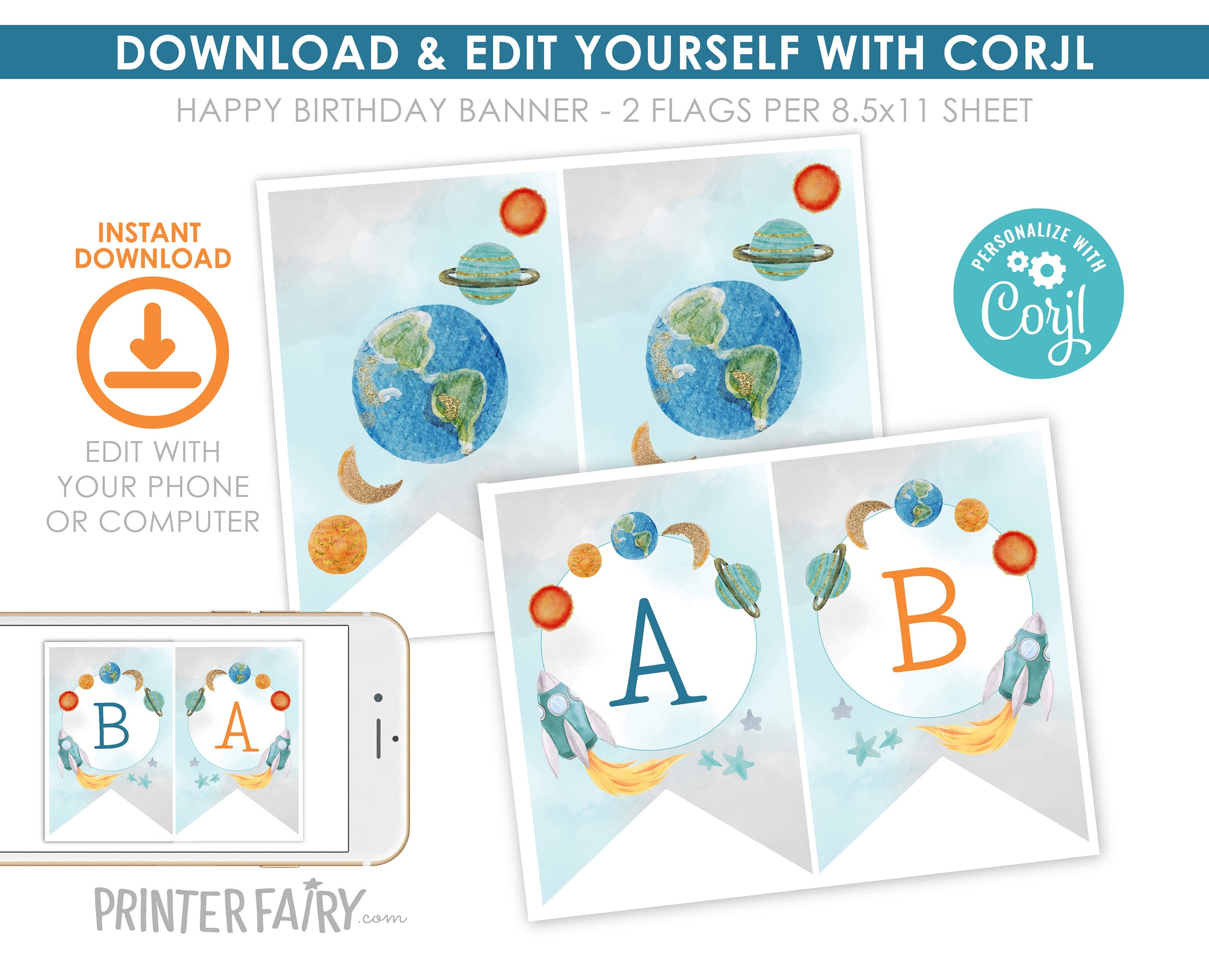 Space Baby Shower Party Banner Editable Template, INSTANT DOWNLOAD