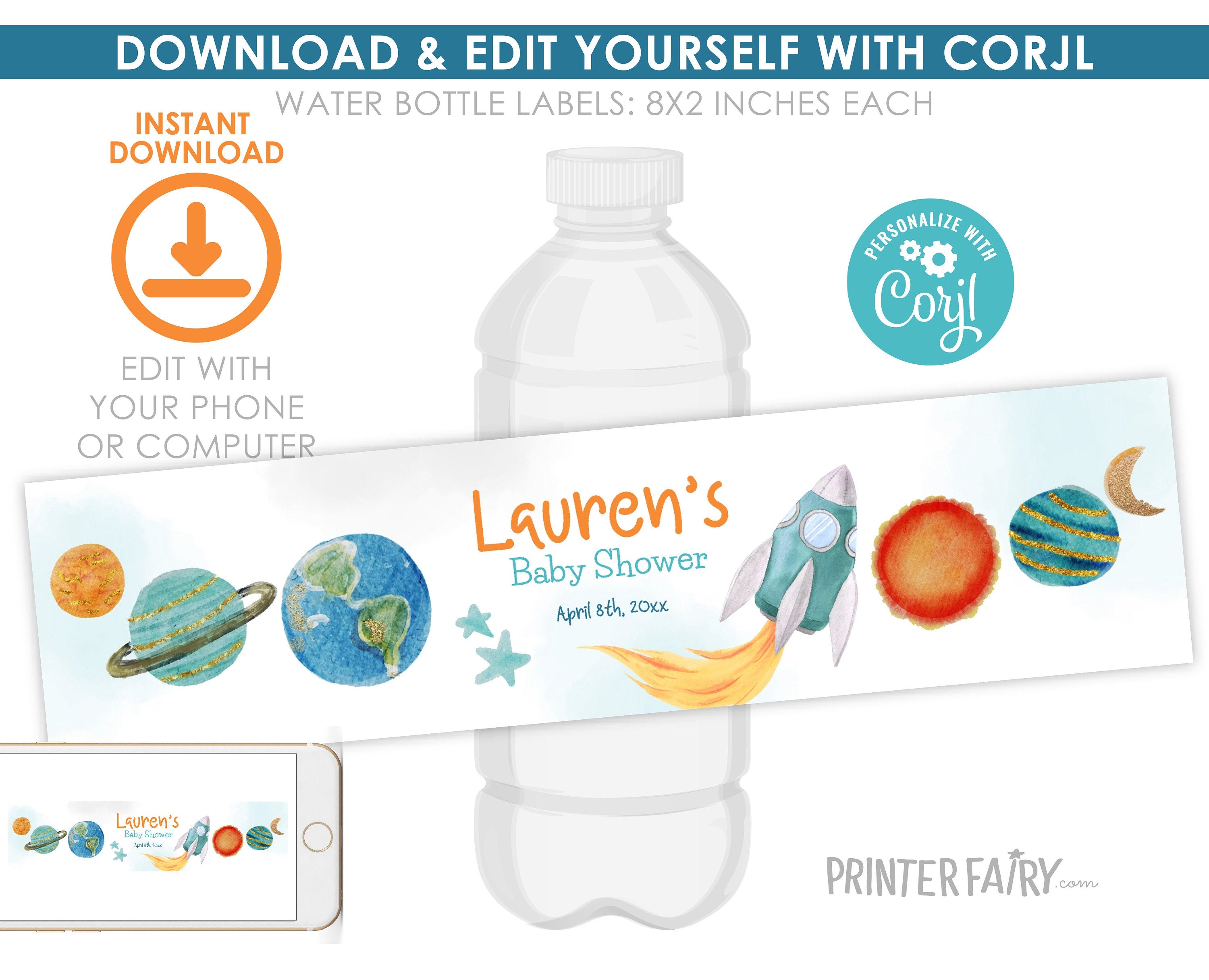 Space Birthday Water Bottle Label, Rocket Ship, Editable Template (Digital Item)
