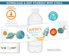 Space Birthday Water Bottle Label, Rocket Ship, Editable Template (Digital Item)