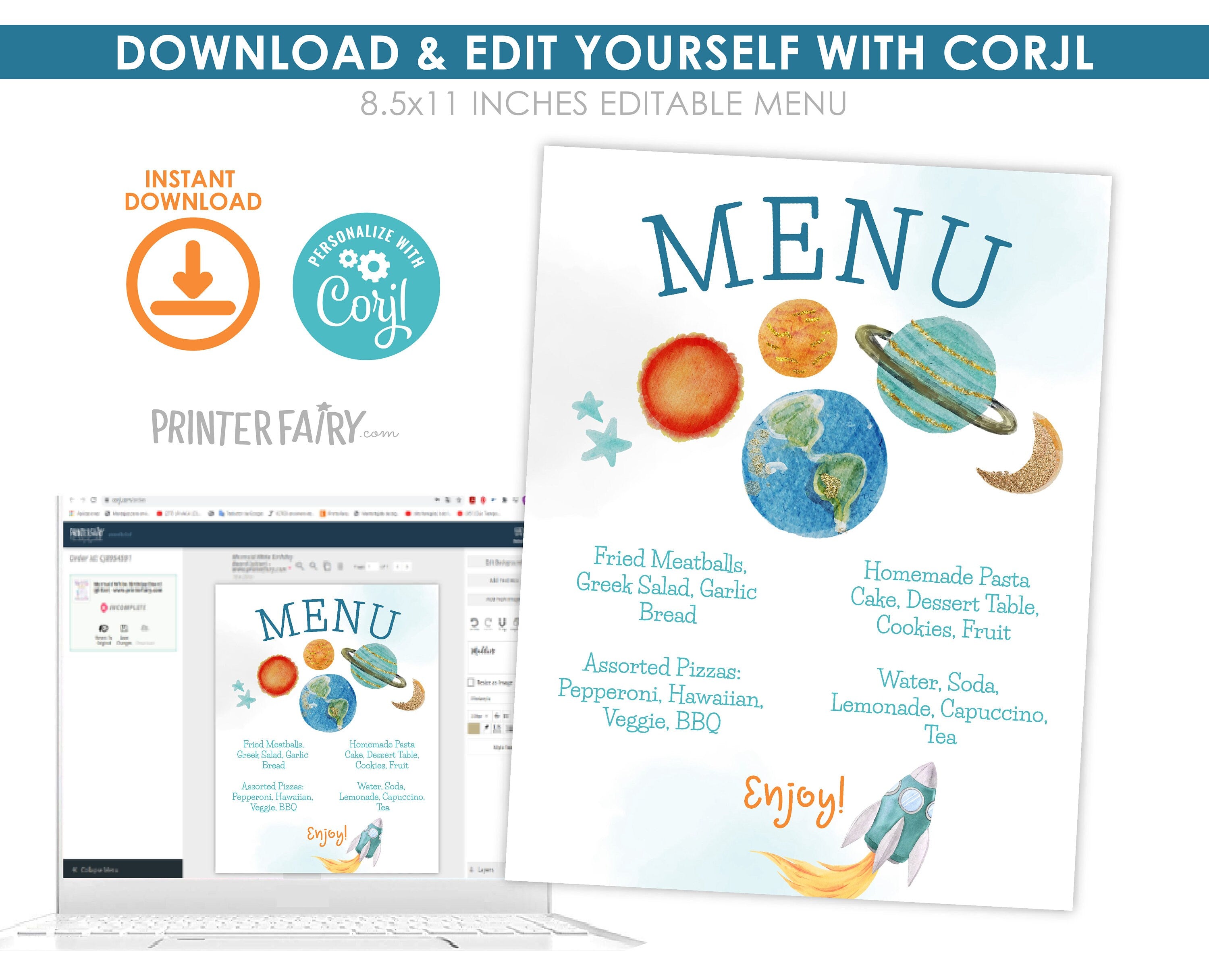 Outer Space Birthday Menu Template, Planets, Rocket (Editable Digital Download)