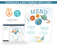 Outer Space Birthday Menu Template, Planets, Rocket (Editable Digital Download)