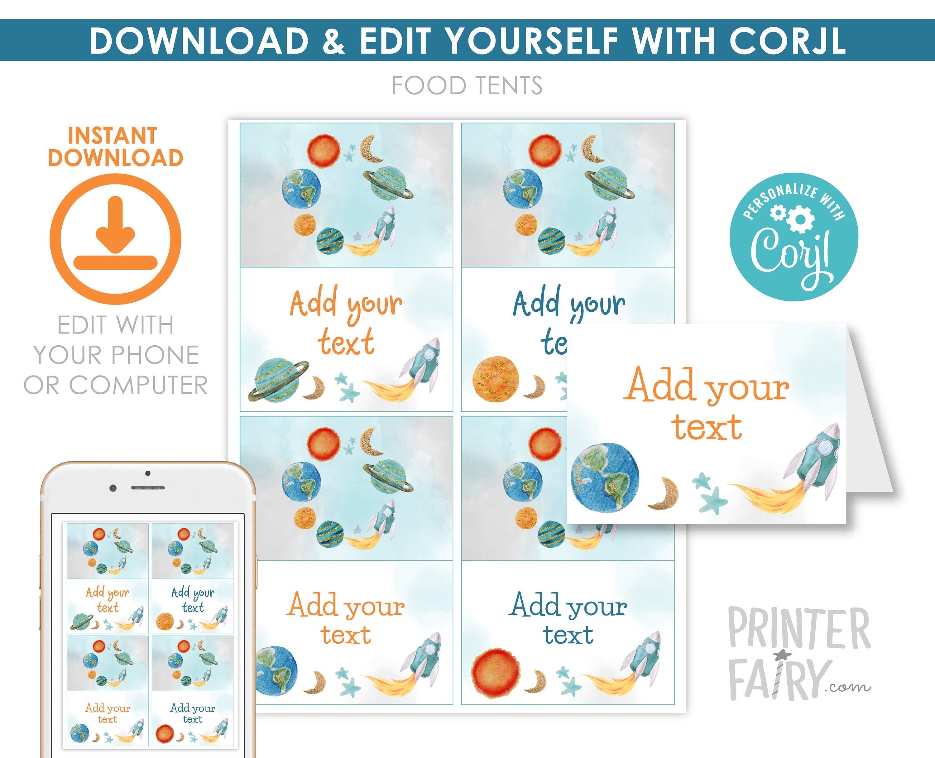 Outer Space Birthday Food Tents, Planets Rocket Ship Table Labels (Digital Download)