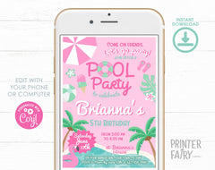 Pink Pool Party Invitation, Girl Birthday, Editable Template (Digital Download)