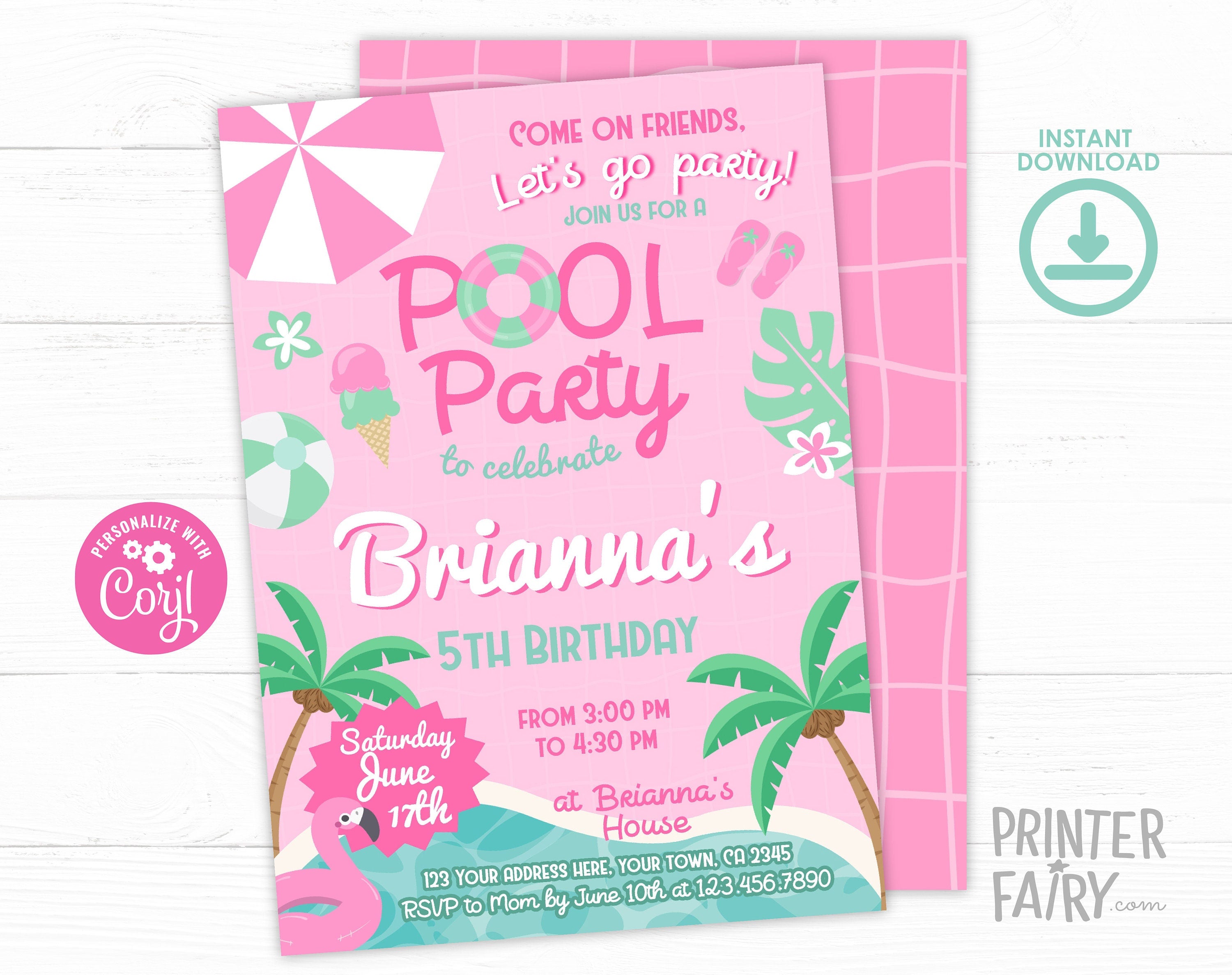 Pink Pool Party Invitation, Girl Birthday, Editable Template (Digital Download)
