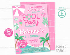 Pink Pool Party Invitation, Girl Birthday, Editable Template (Digital Download)