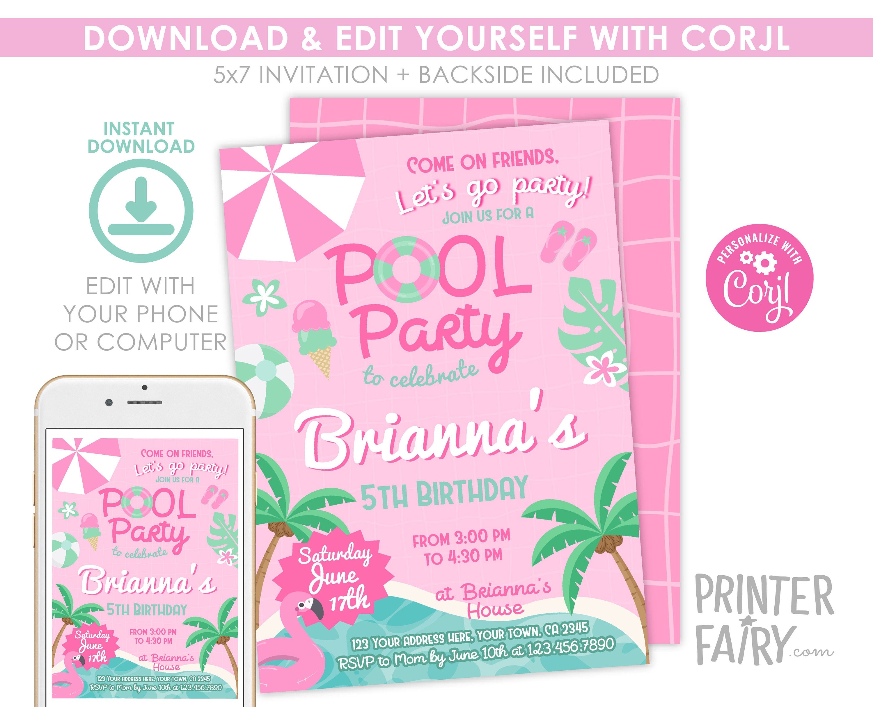 Pink Pool Party Invitation, Girl Birthday, Editable Template (Digital Download)
