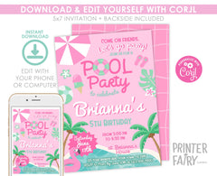 Pink Pool Party Invitation, Girl Birthday, Editable Template (Digital Download)