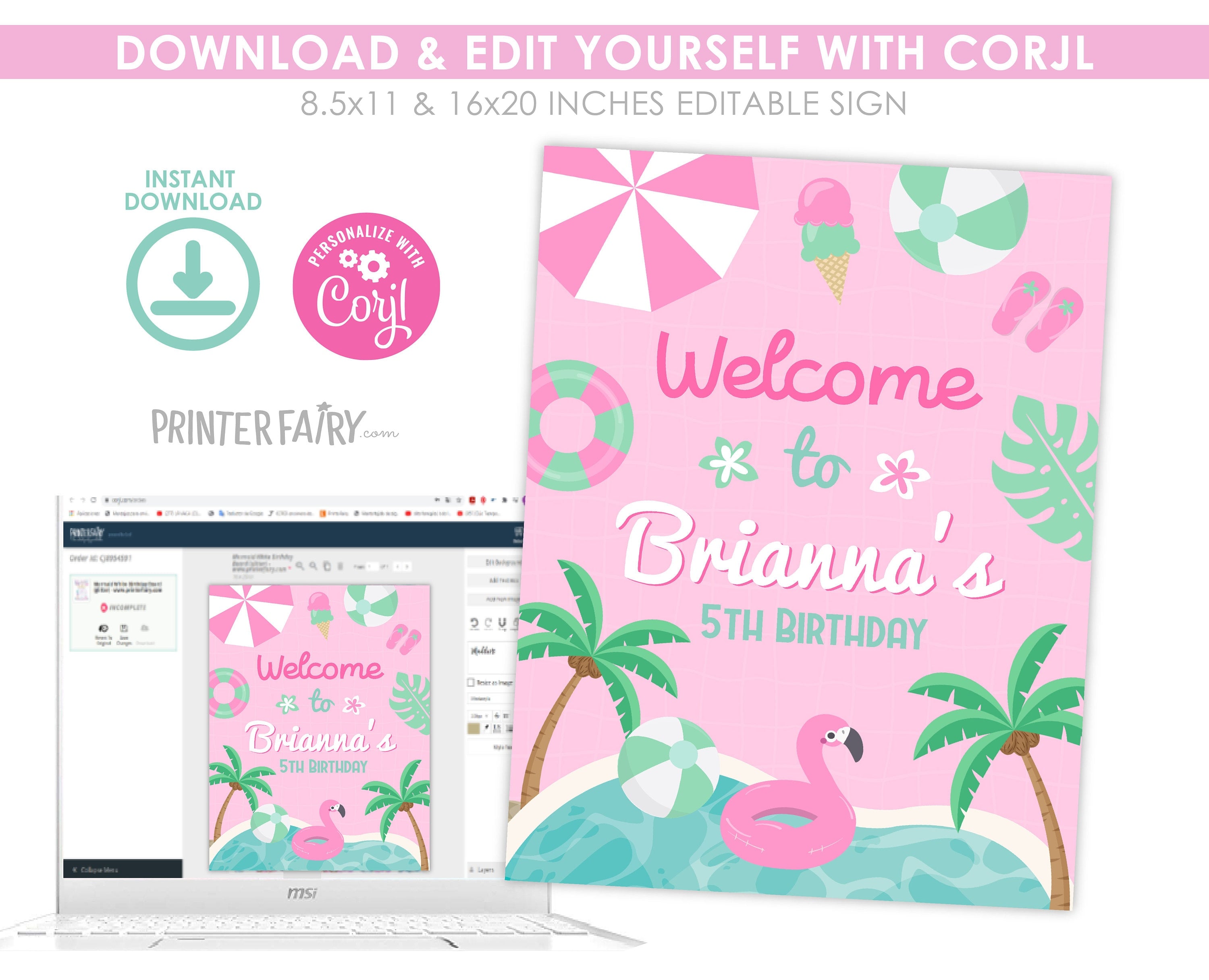 Pink Pool Party Welcome Sign, Girl Birthday (Editable Digital Download)