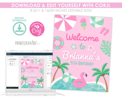 Pink Pool Party Welcome Sign, Girl Birthday (Editable Digital Download)