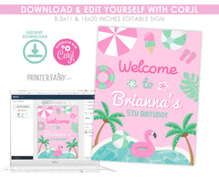 Pink Pool Party Welcome Sign, Girl Birthday (Editable Digital Download)